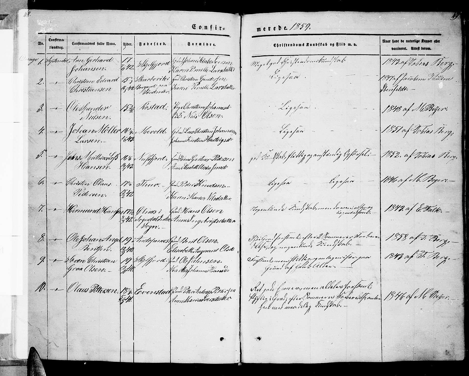 Ministerialprotokoller, klokkerbøker og fødselsregistre - Nordland, AV/SAT-A-1459/885/L1212: Parish register (copy) no. 885C01, 1847-1873, p. 48-49