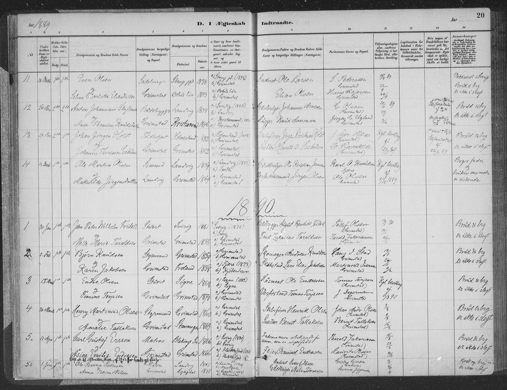Grimstad sokneprestkontor, SAK/1111-0017/F/Fa/L0004: Parish register (official) no. A 3, 1882-1910, p. 20