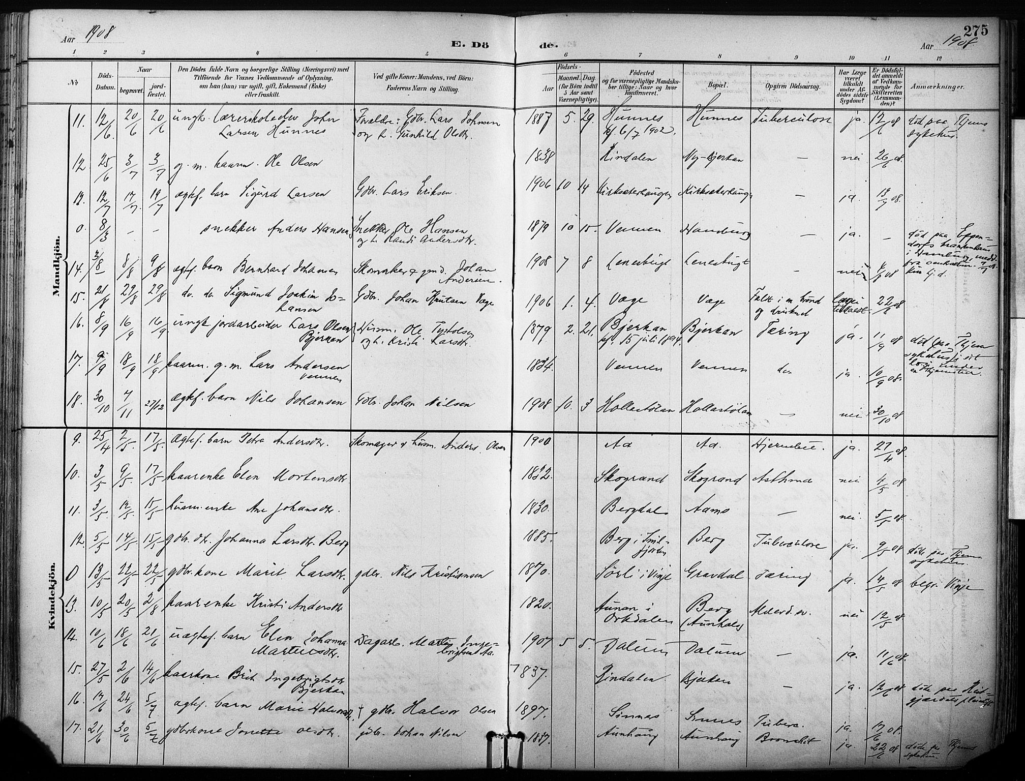 Ministerialprotokoller, klokkerbøker og fødselsregistre - Sør-Trøndelag, SAT/A-1456/630/L0497: Parish register (official) no. 630A10, 1896-1910, p. 275