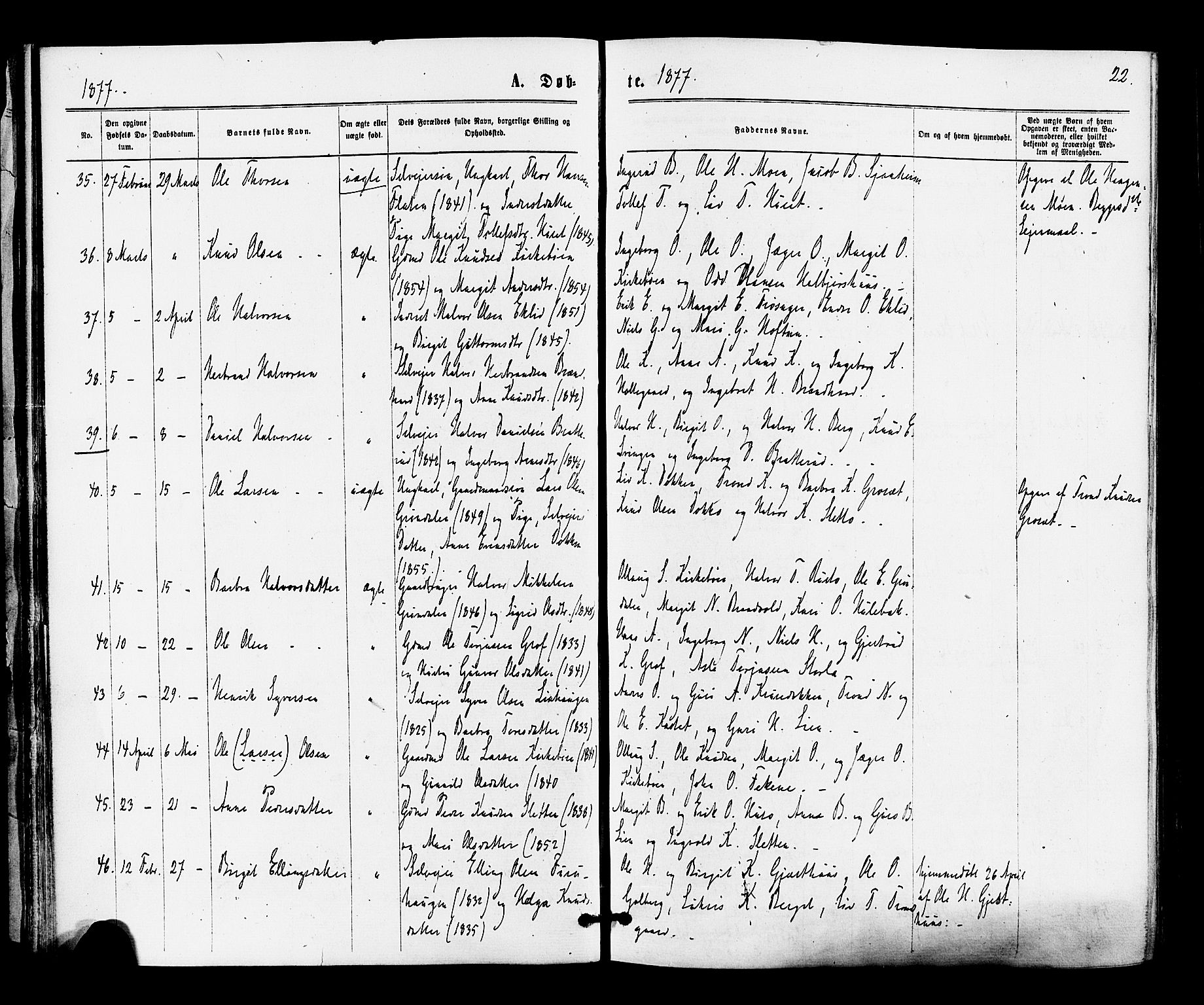 Gol kirkebøker, AV/SAKO-A-226/F/Fa/L0004: Parish register (official) no. I 4, 1876-1886, p. 22