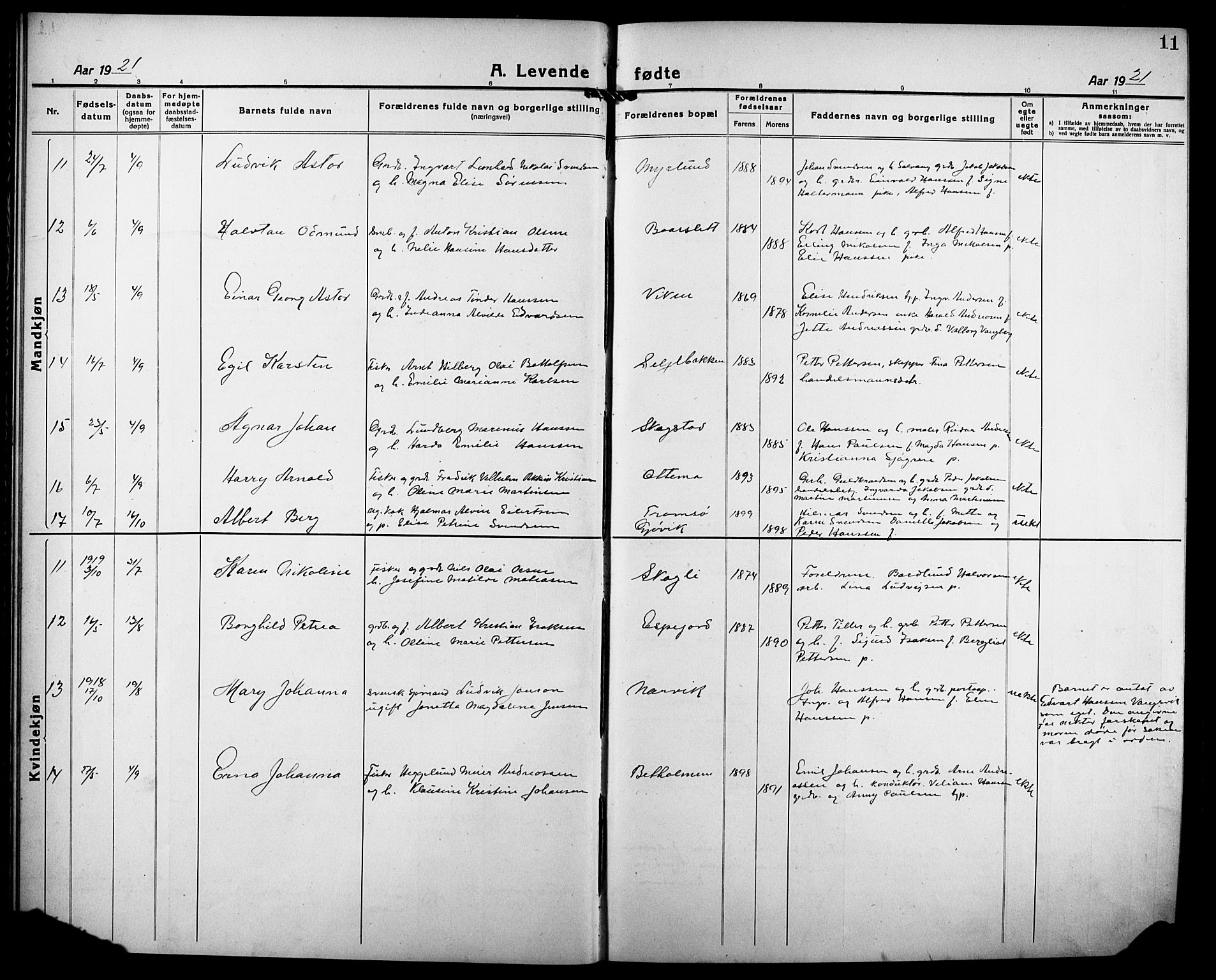 Tranøy sokneprestkontor, AV/SATØ-S-1313/I/Ia/Iab/L0006klokker: Parish register (copy) no. 6, 1919-1932, p. 11