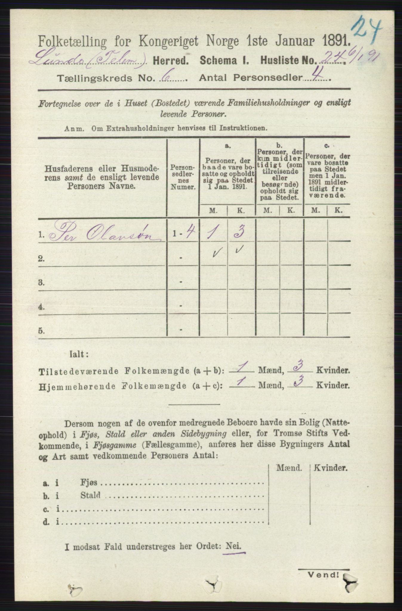 RA, 1891 census for 0820 Lunde, 1891, p. 2027