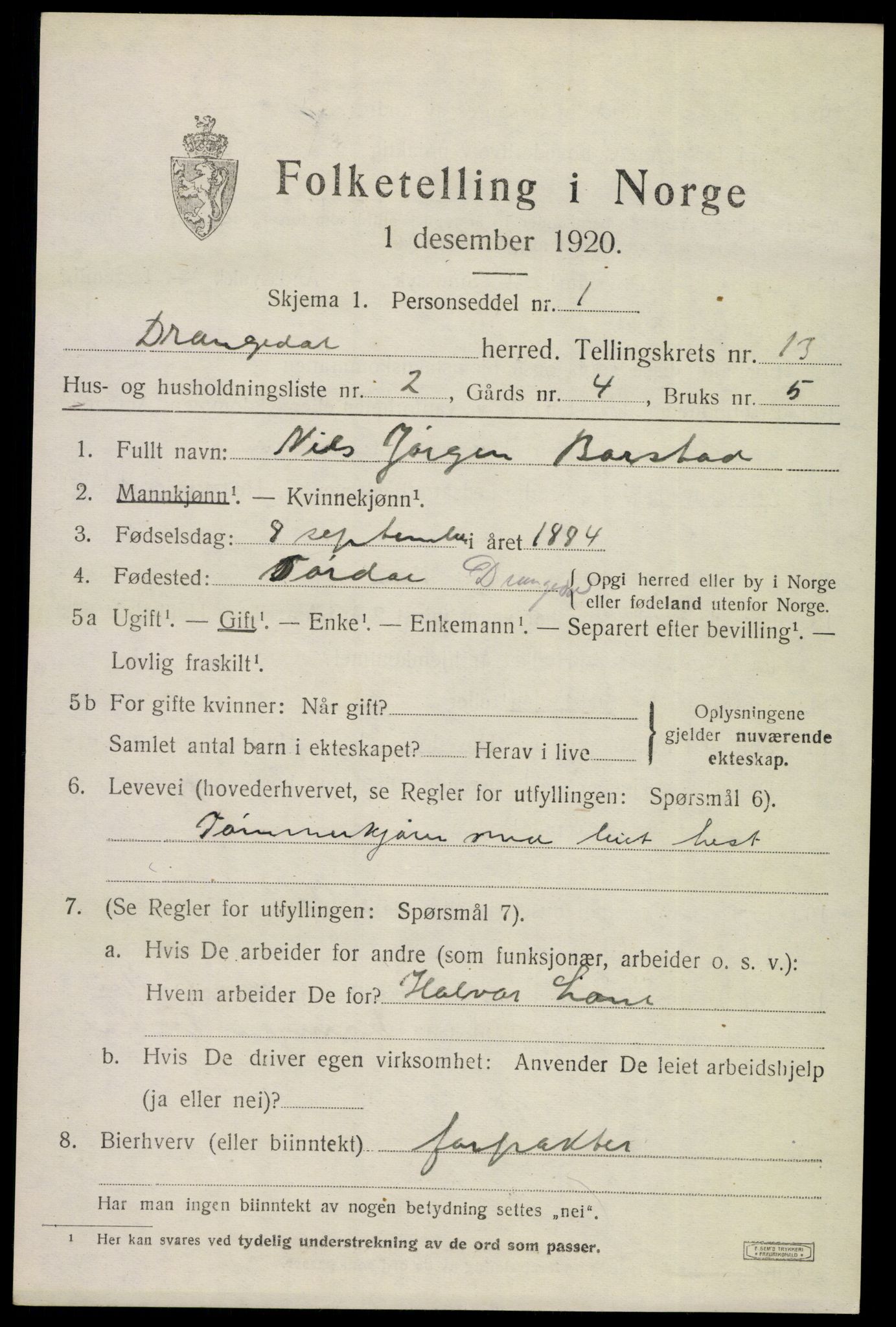 SAKO, 1920 census for Drangedal, 1920, p. 7287