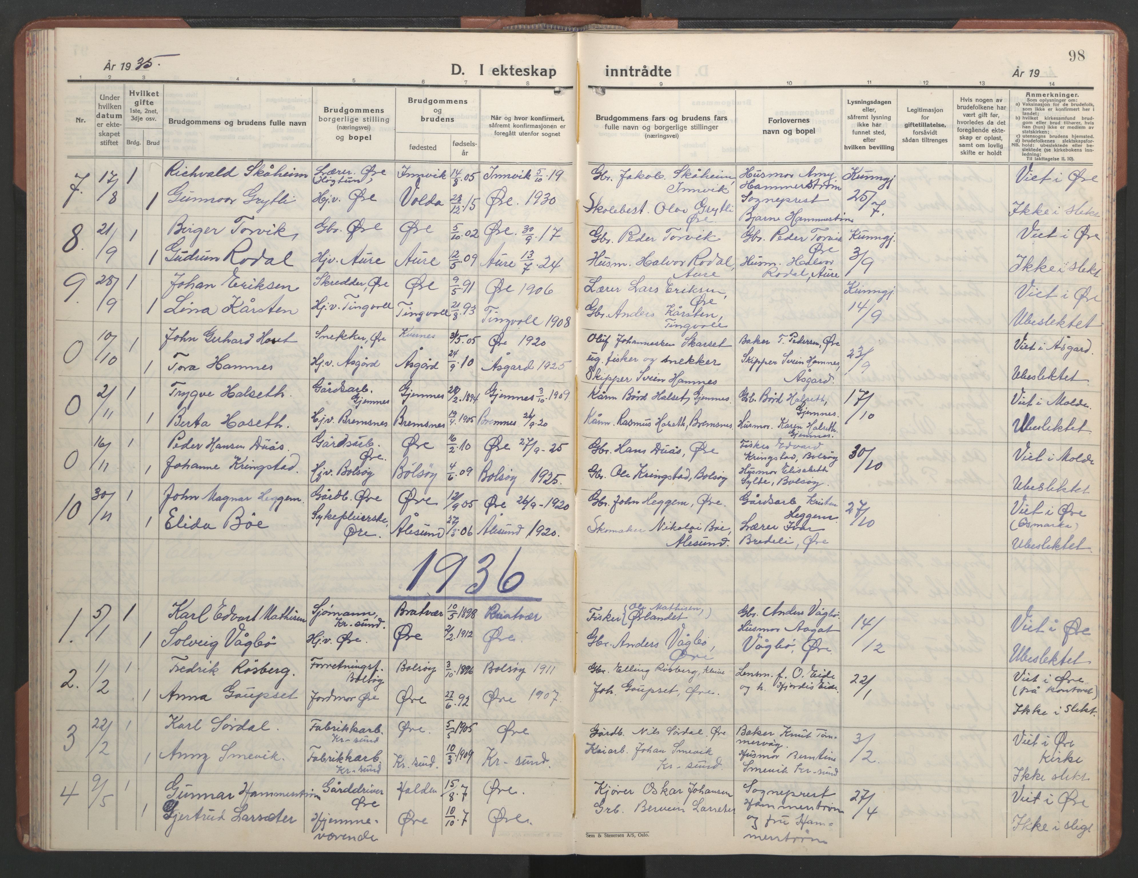 Ministerialprotokoller, klokkerbøker og fødselsregistre - Møre og Romsdal, AV/SAT-A-1454/584/L0971: Parish register (copy) no. 584C04, 1933-1946, p. 98