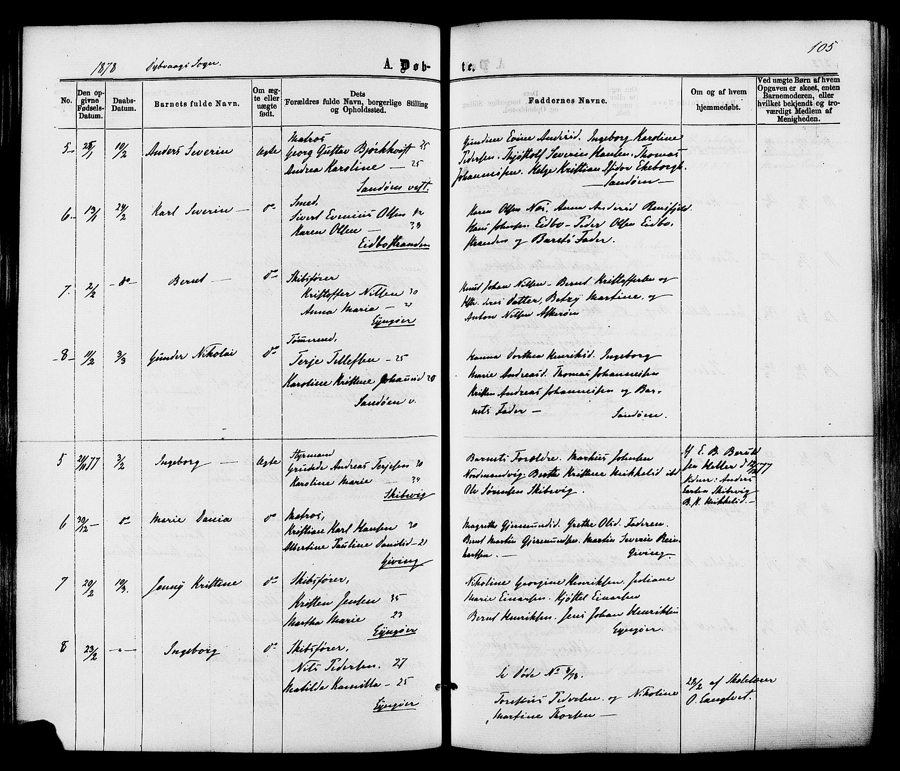 Dypvåg sokneprestkontor, AV/SAK-1111-0007/F/Fa/Faa/L0007: Parish register (official) no. A 7/ 1, 1872-1884, p. 105