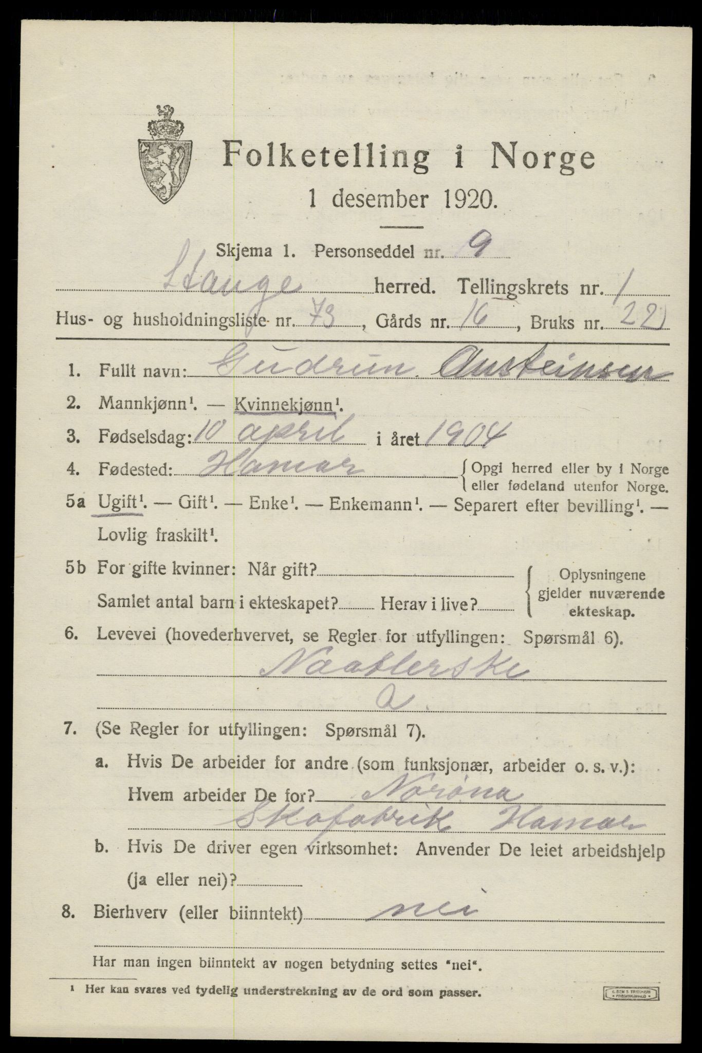 SAH, 1920 census for Stange, 1920, p. 3807