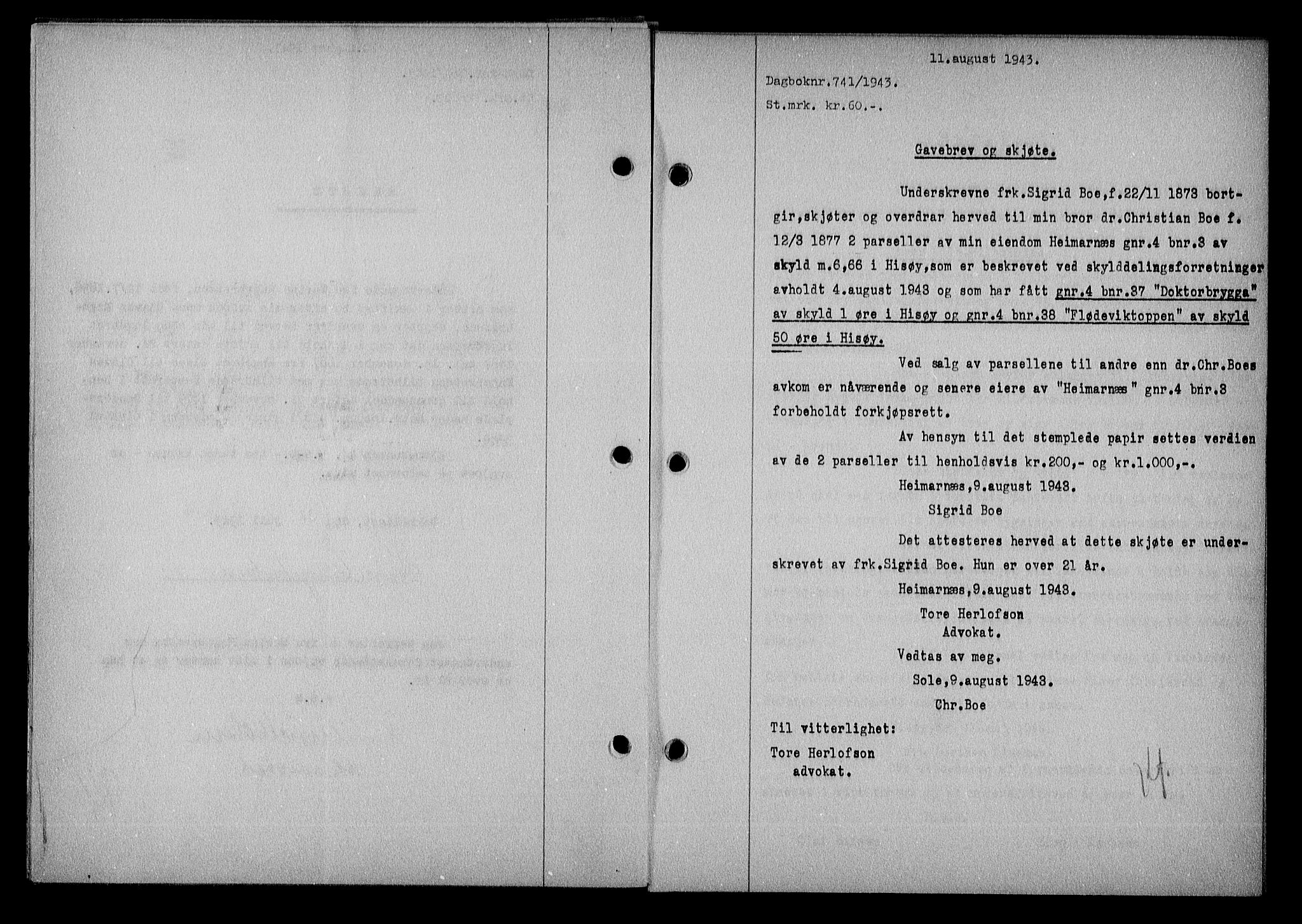 Nedenes sorenskriveri, SAK/1221-0006/G/Gb/Gba/L0051: Mortgage book no. A-V, 1943-1944, Diary no: : 741/1943