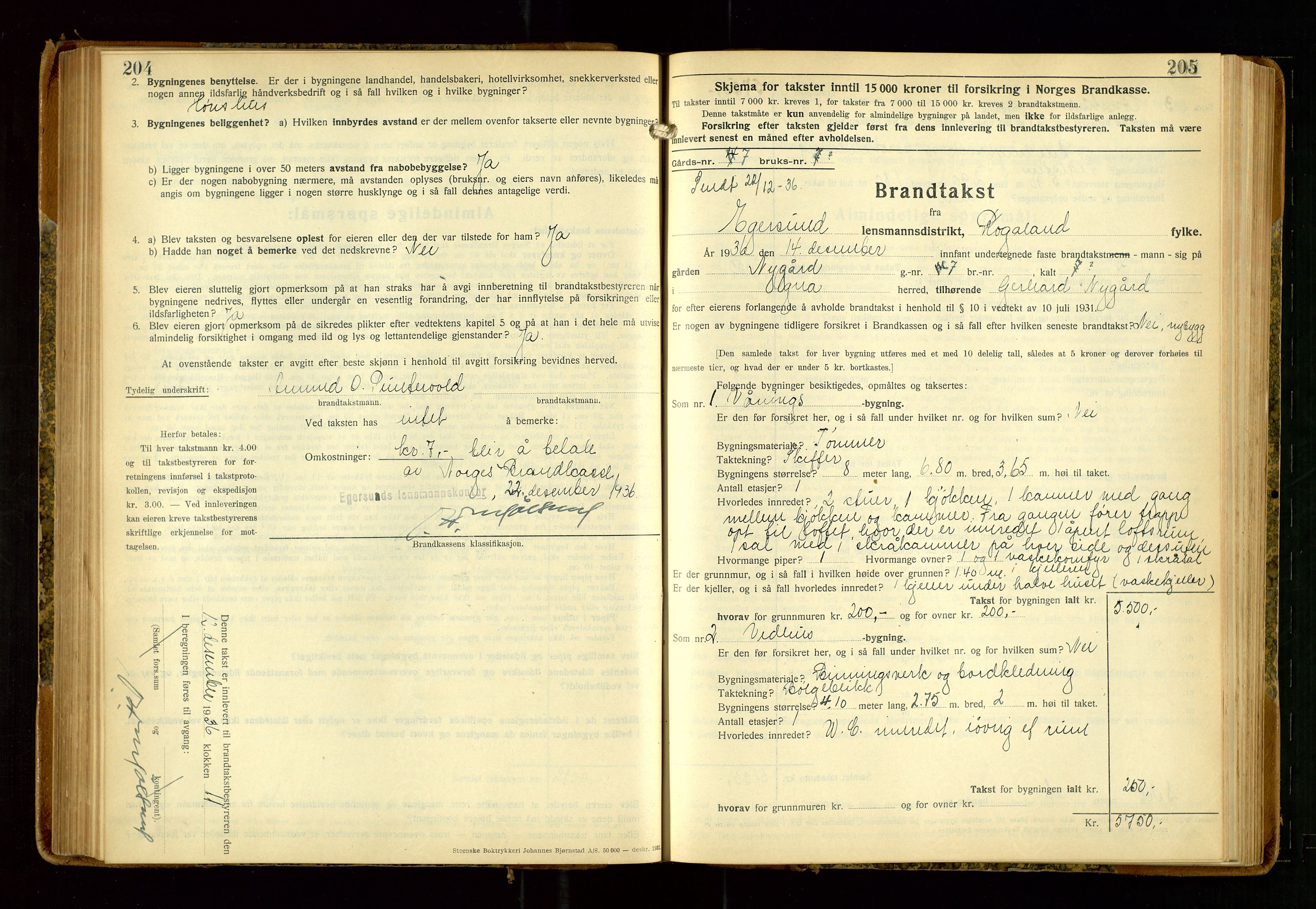 Eigersund lensmannskontor, AV/SAST-A-100171/Gob/L0006: "Brandtakstprotokoll", 1934-1938, p. 204-205