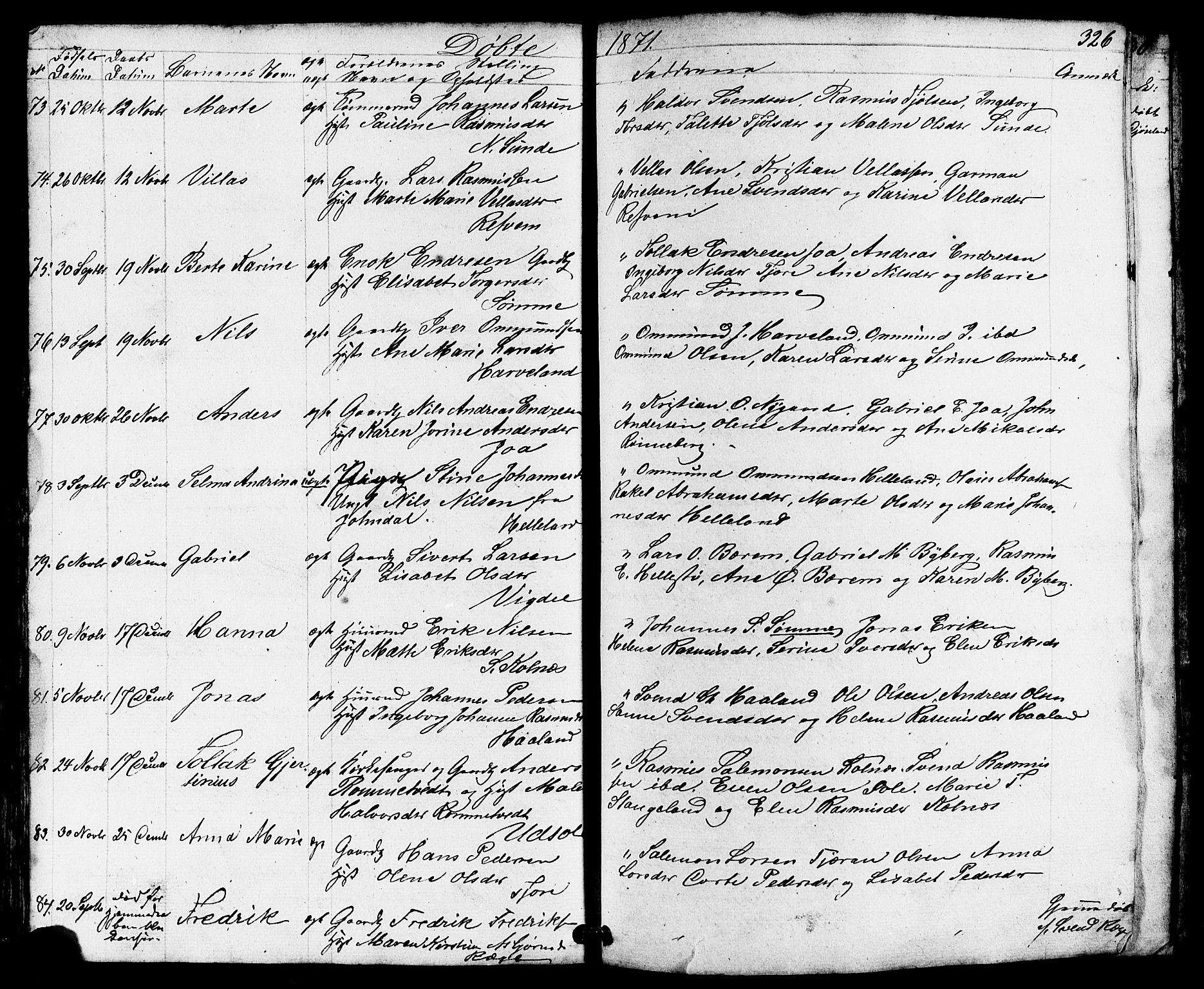 Håland sokneprestkontor, AV/SAST-A-101802/001/30BB/L0002: Parish register (copy) no. B 2, 1845-1872, p. 326