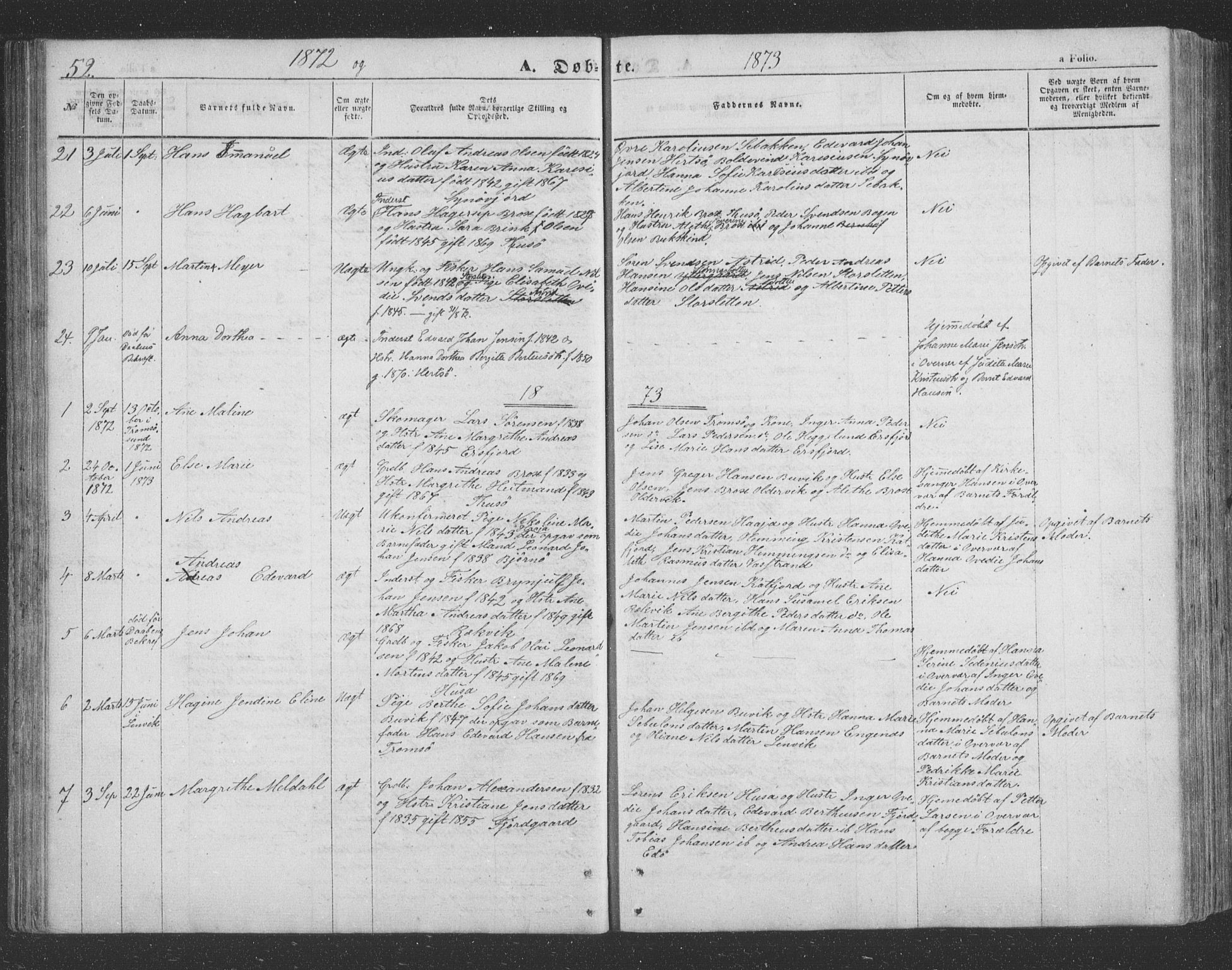 Lenvik sokneprestembete, SATØ/S-1310/H/Ha/Hab/L0020klokker: Parish register (copy) no. 20, 1855-1883, p. 52