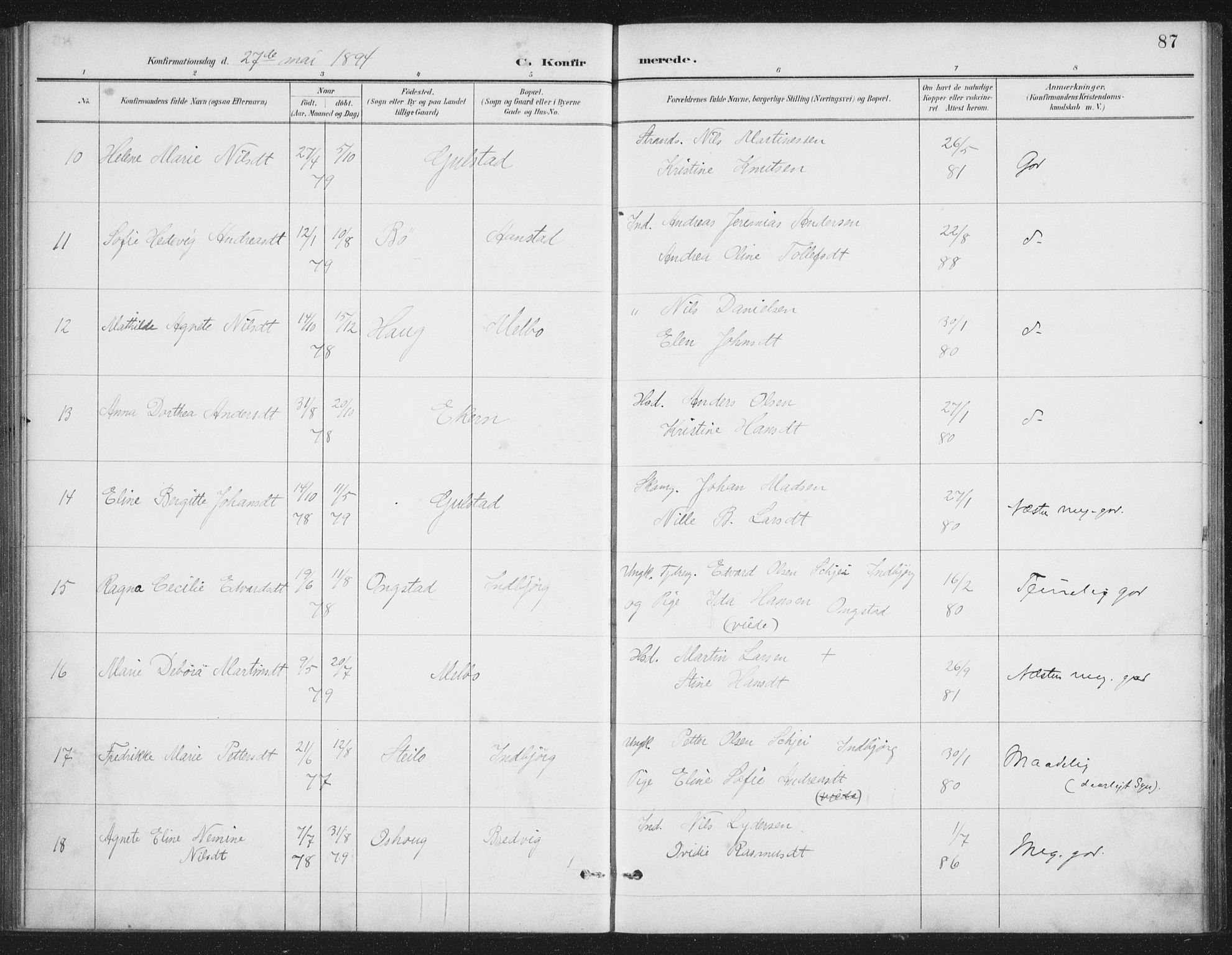 Ministerialprotokoller, klokkerbøker og fødselsregistre - Nordland, AV/SAT-A-1459/888/L1245: Parish register (official) no. 888A11, 1888-1900, p. 87