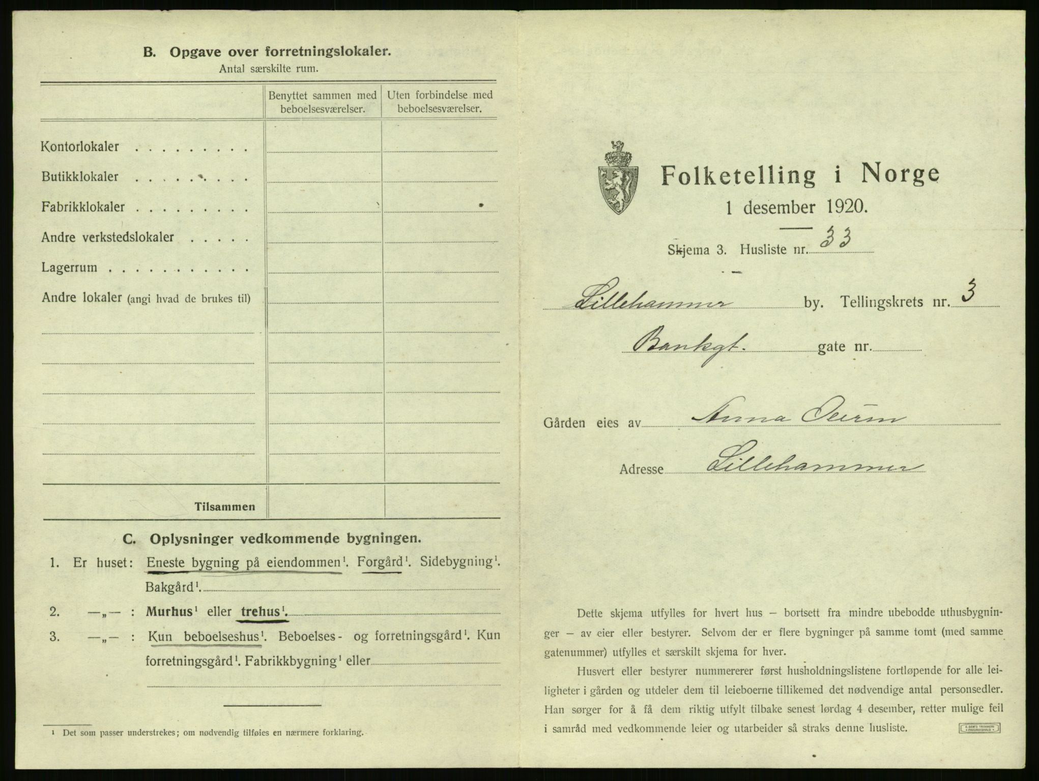 SAH, 1920 census for Lillehammer, 1920, p. 370