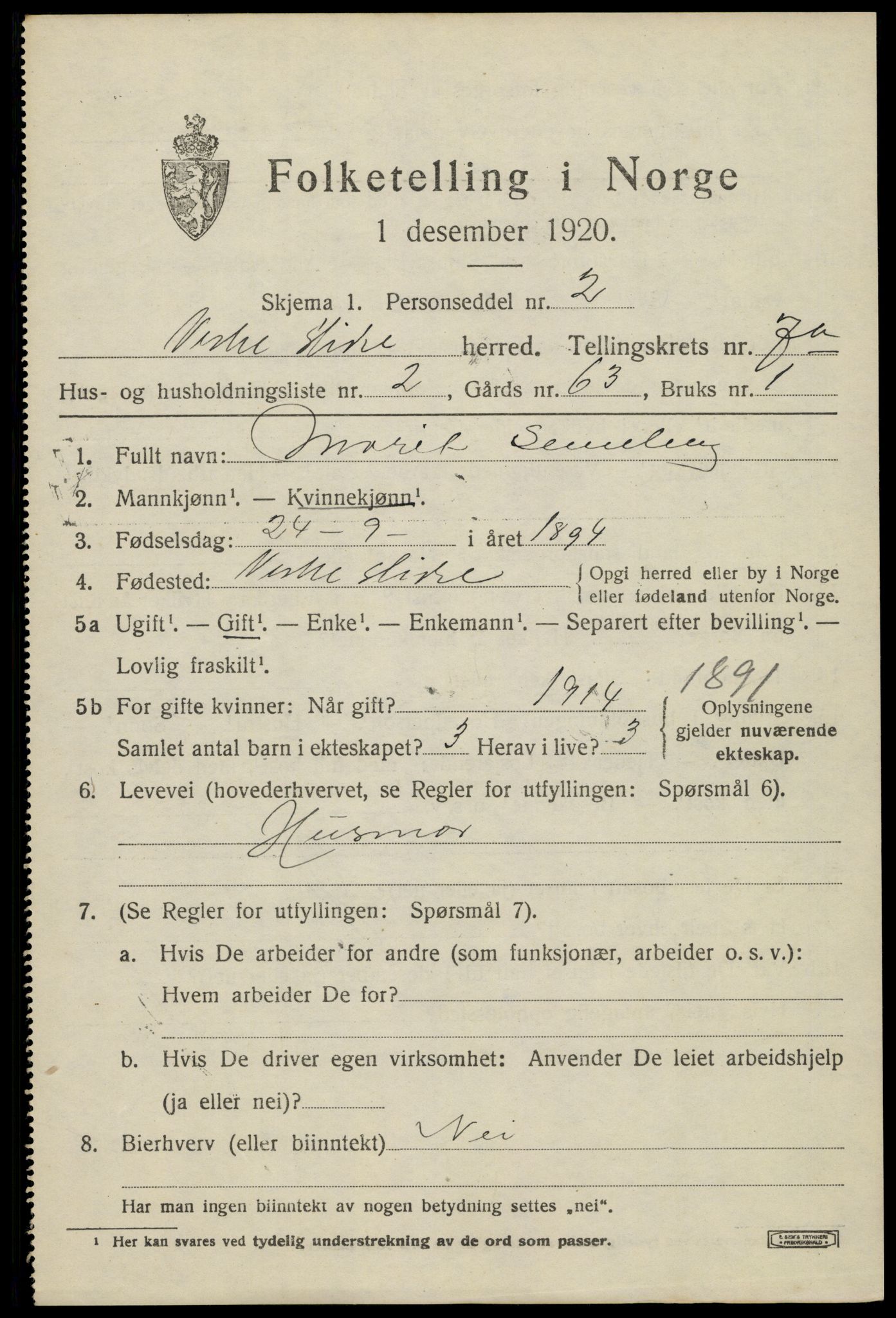 SAH, 1920 census for Vestre Slidre, 1920, p. 3670