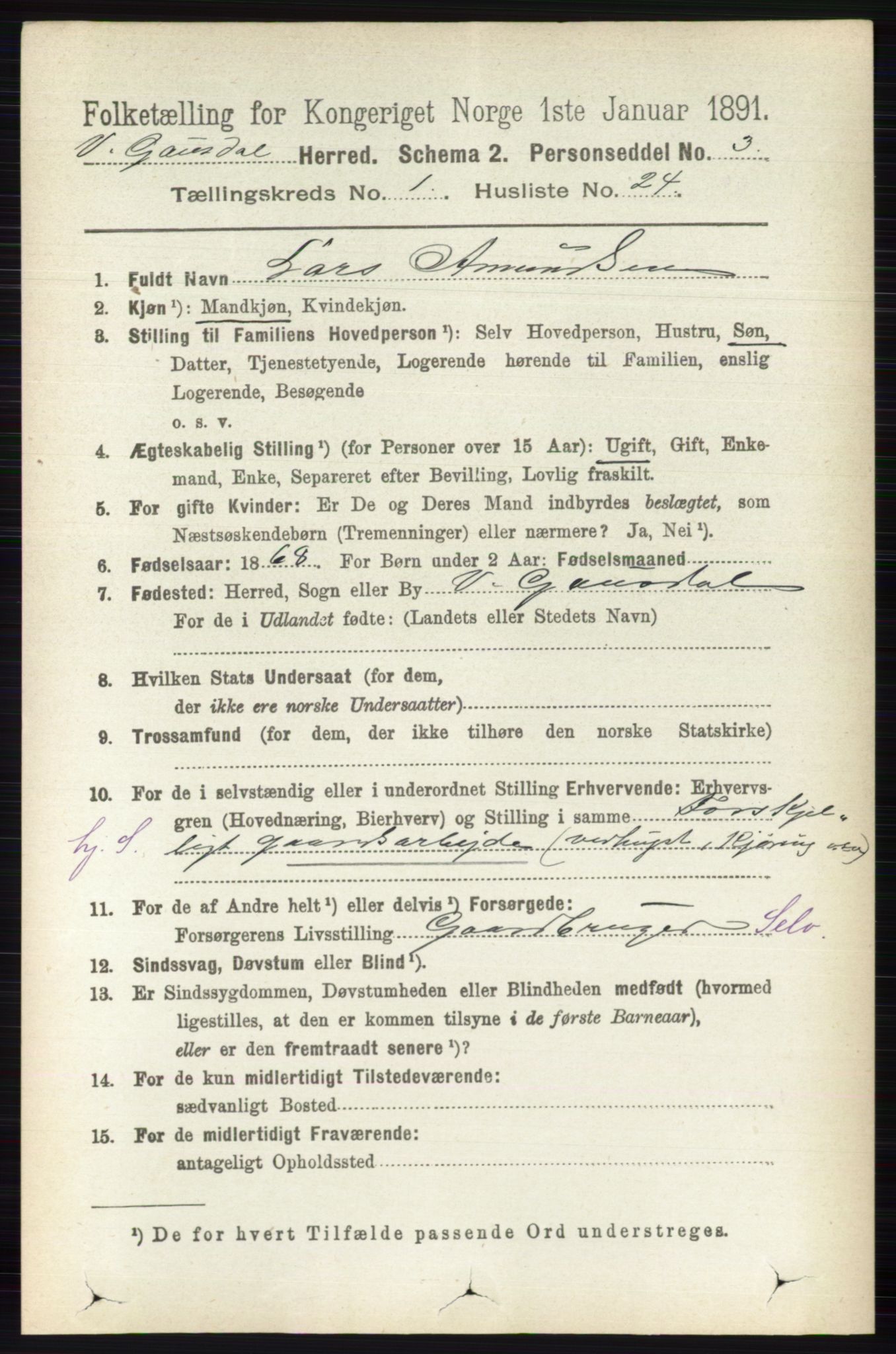 RA, 1891 census for 0523 Vestre Gausdal, 1891, p. 188