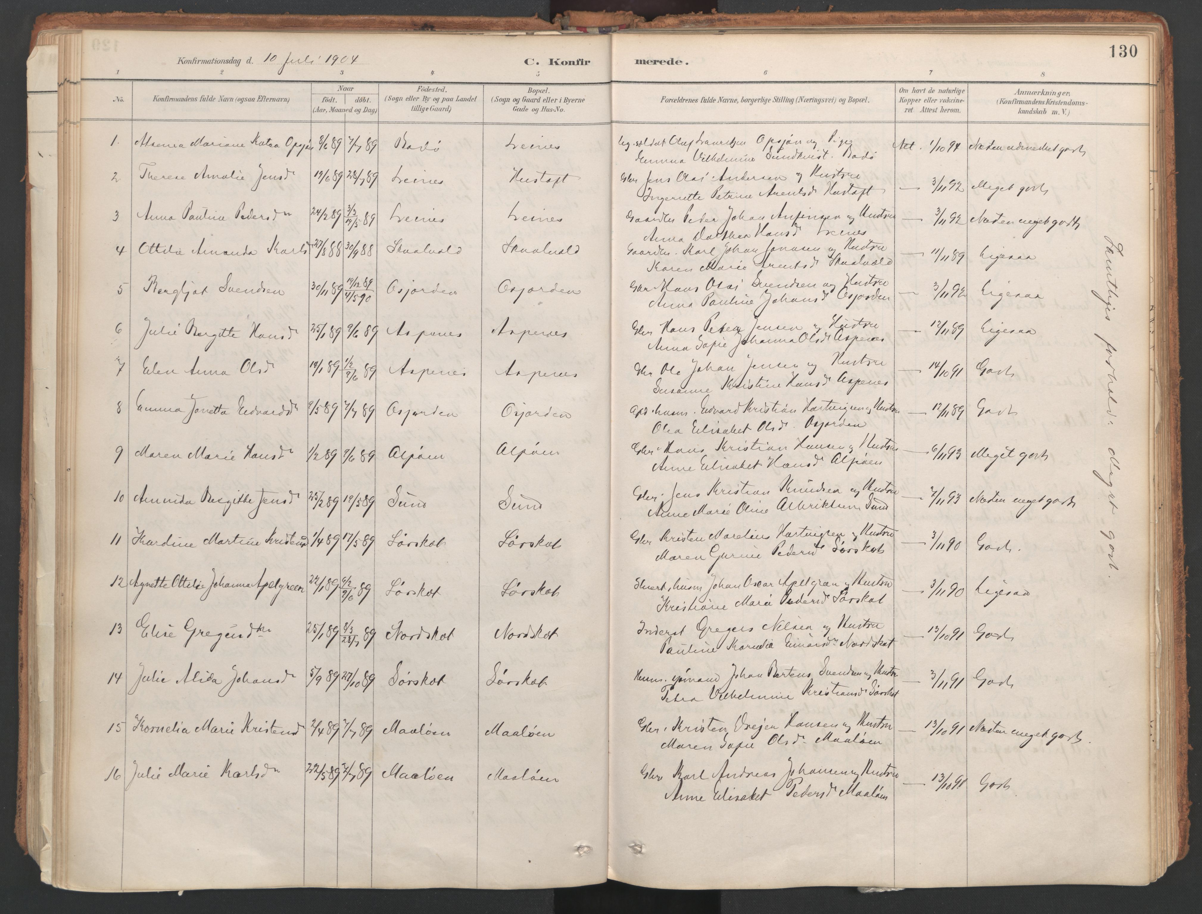 Ministerialprotokoller, klokkerbøker og fødselsregistre - Nordland, AV/SAT-A-1459/857/L0822: Parish register (official) no. 857A02, 1890-1917, p. 130