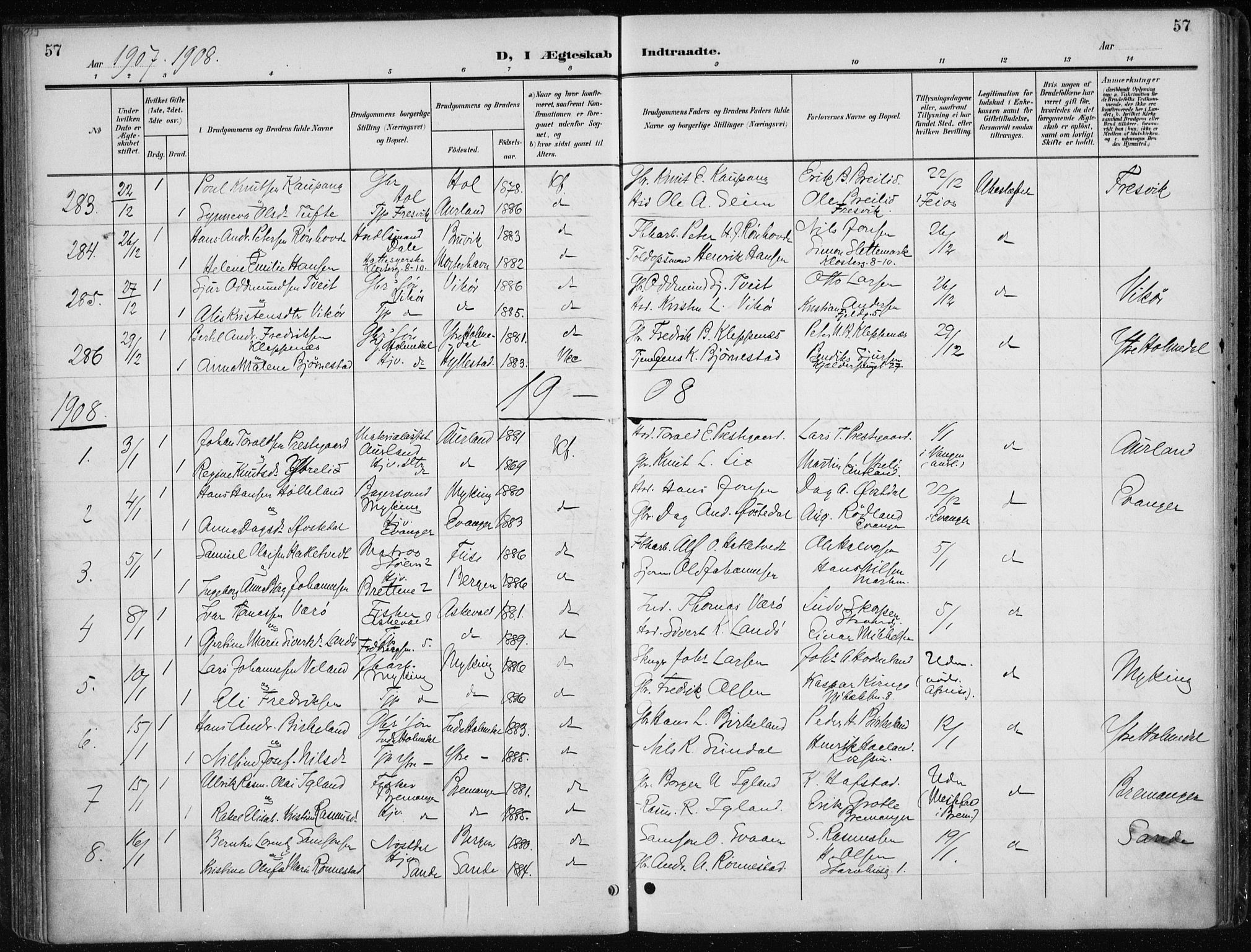 Nykirken Sokneprestembete, SAB/A-77101/H/Haa/L0035: Parish register (official) no. D 5, 1905-1913, p. 57