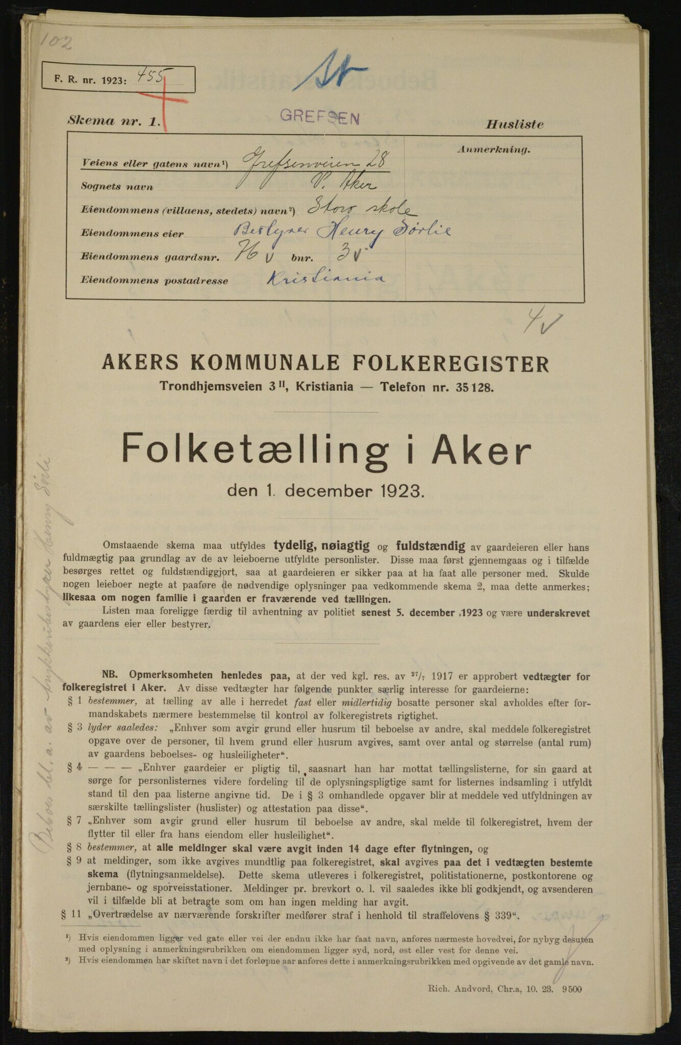 , Municipal Census 1923 for Aker, 1923, p. 10213