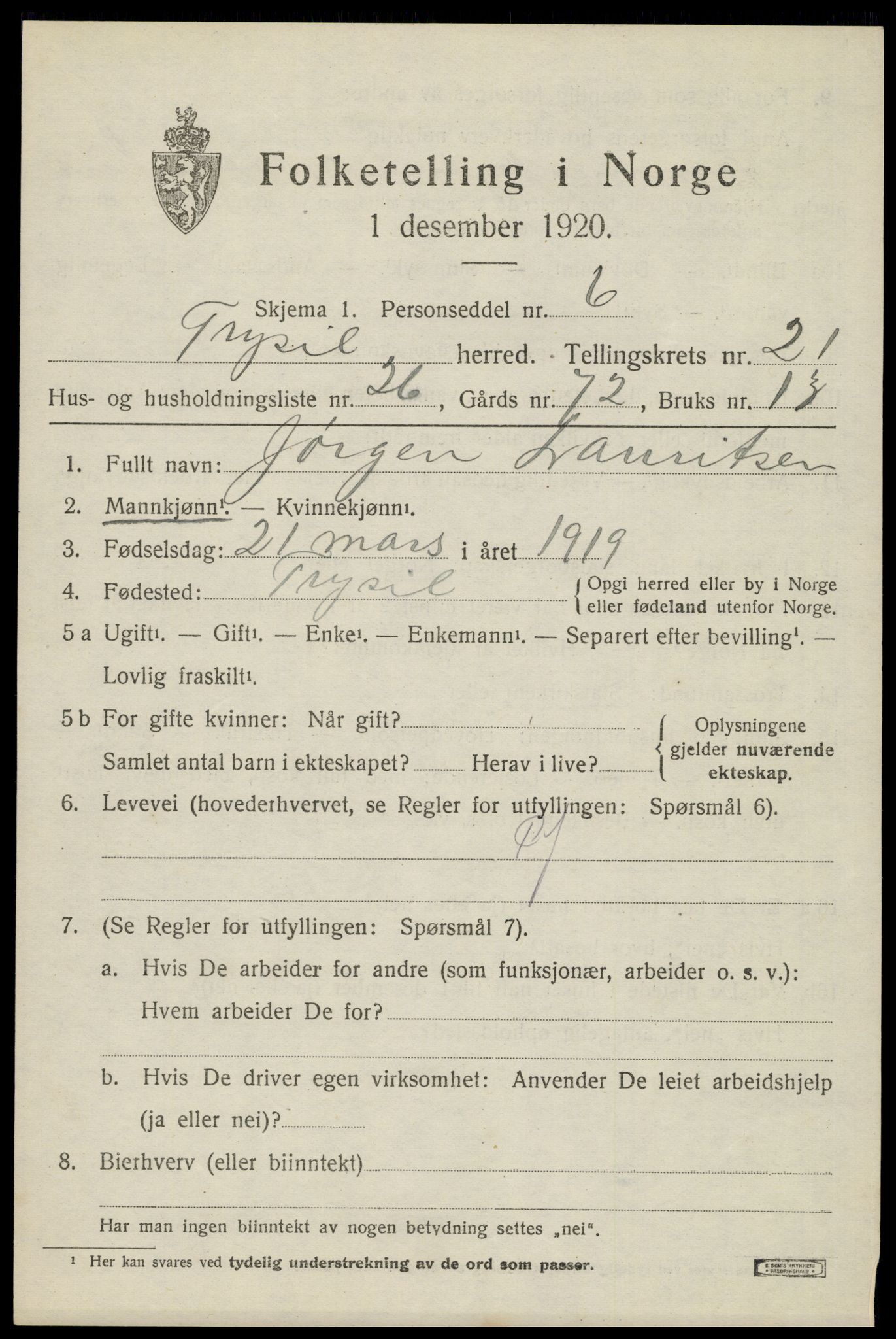 SAH, 1920 census for Trysil, 1920, p. 14087