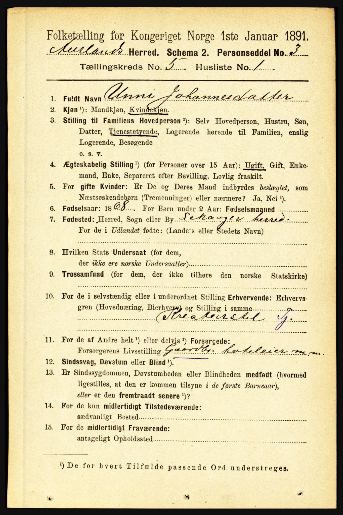 RA, 1891 census for 1421 Aurland, 1891, p. 1788