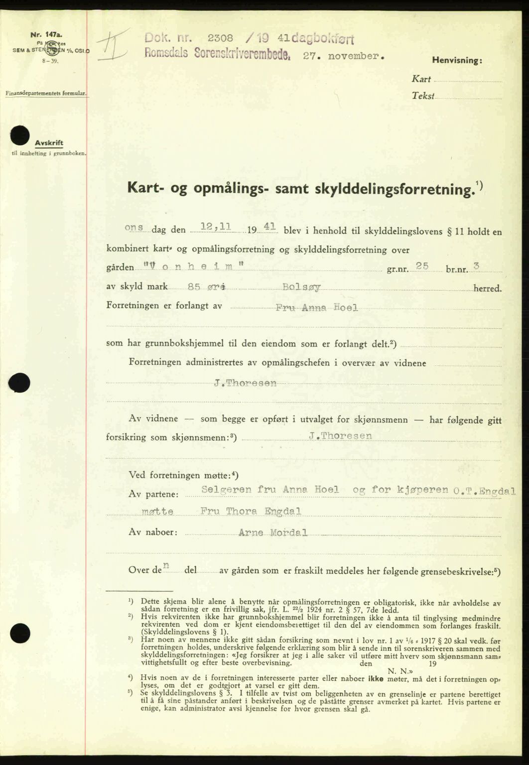 Romsdal sorenskriveri, AV/SAT-A-4149/1/2/2C: Mortgage book no. A11, 1941-1942, Diary no: : 2308/1941