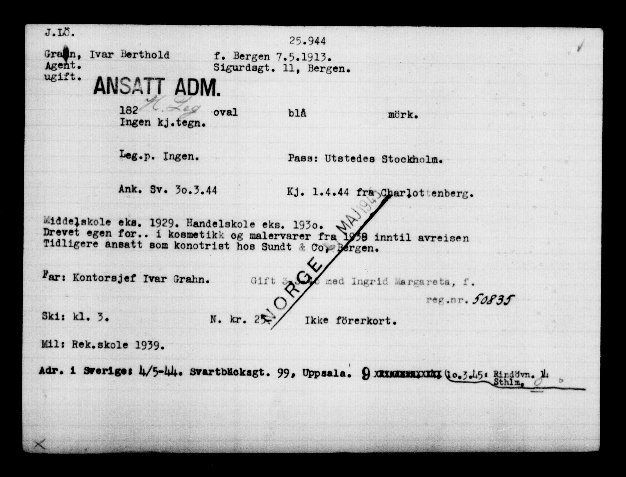 Utenriksstasjonene, Legasjonen i Stockholm, Flyktningkontoret, AV/RA-S-6753/V/Va/L0011: Kjesäterkartoteket, flyktninger med registreringsnr. 25300-28349, 1940-1945, p. 672