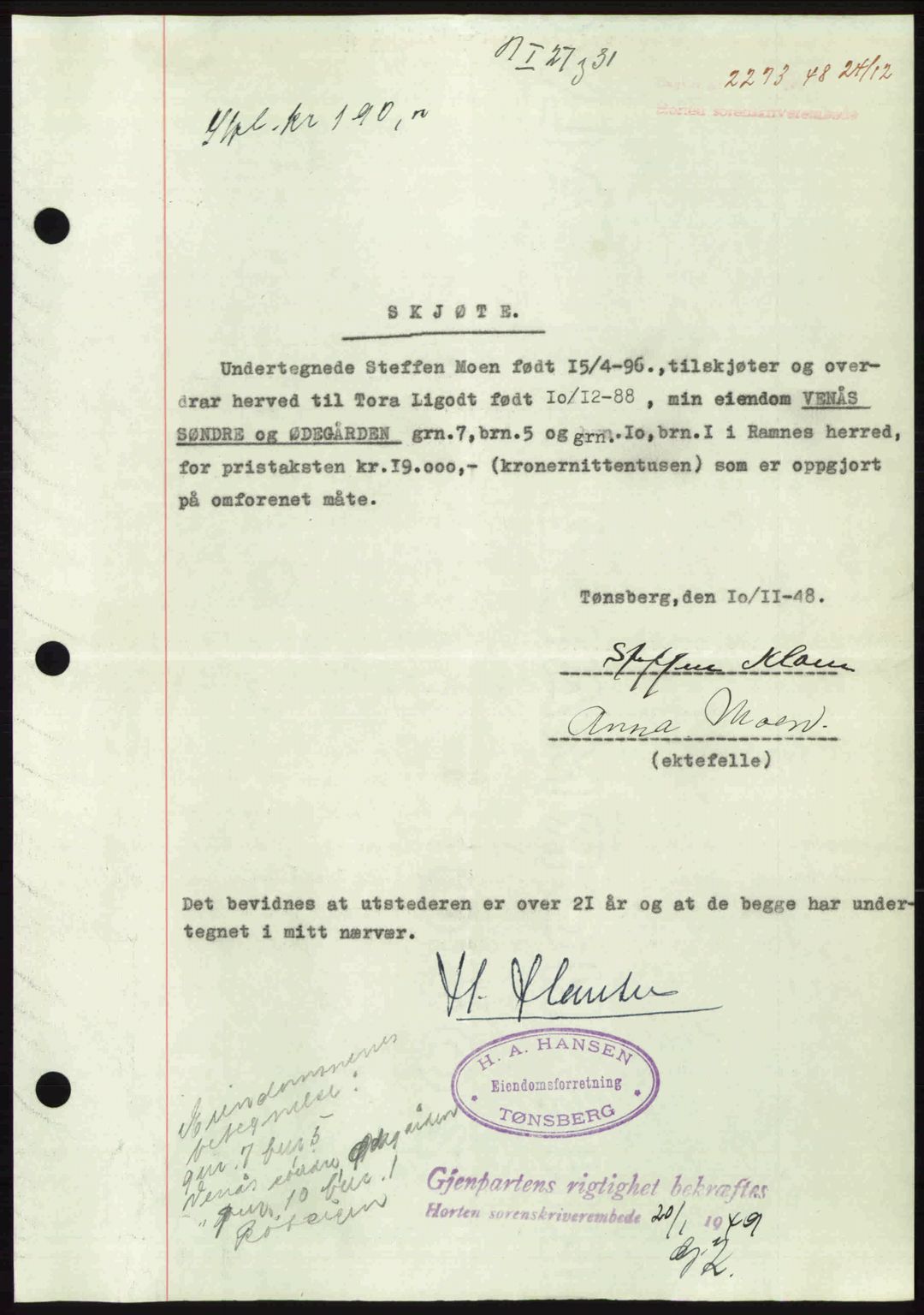 Horten sorenskriveri, AV/SAKO-A-133/G/Ga/Gaa/L0011: Mortgage book no. A-11, 1948-1948, Diary no: : 2273/1948