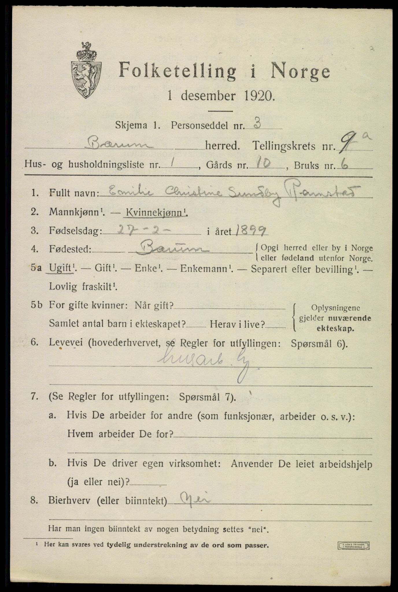 SAO, 1920 census for Bærum, 1920, p. 19344