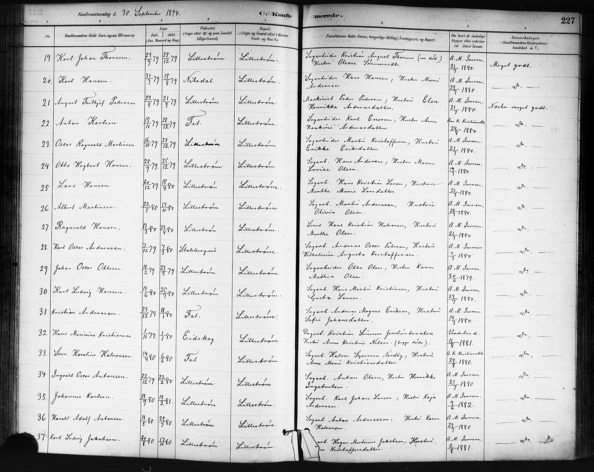 Skedsmo prestekontor Kirkebøker, SAO/A-10033a/G/Ga/L0004: Parish register (copy) no. I 4, 1883-1895, p. 227