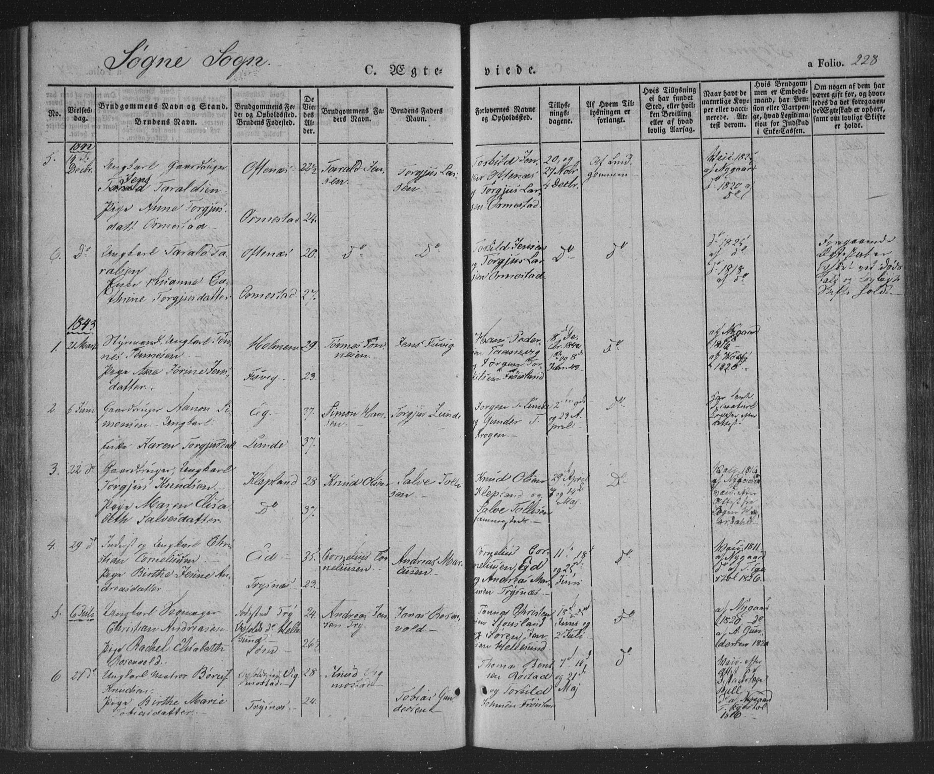 Søgne sokneprestkontor, AV/SAK-1111-0037/F/Fa/Fab/L0009: Parish register (official) no. A 9, 1838-1853, p. 228