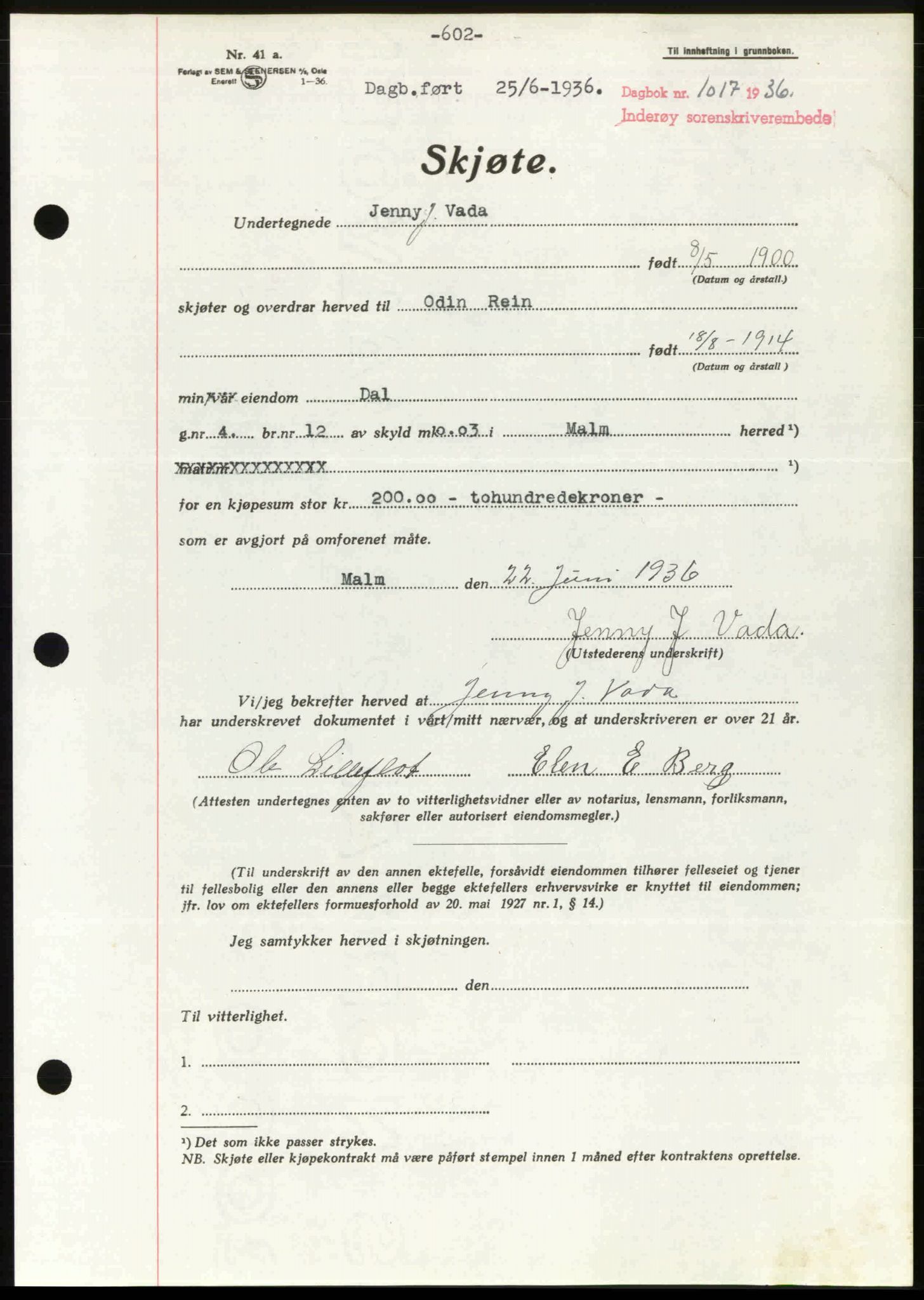 Inderøy sorenskriveri, AV/SAT-A-4147/1/2/2C: Mortgage book no. A 1, 1936-1936, p. 602, Diary no: : 1017/1936