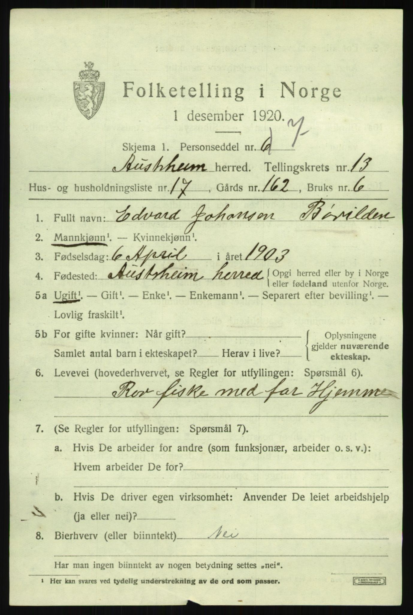 SAB, 1920 census for Austrheim, 1920, p. 4718