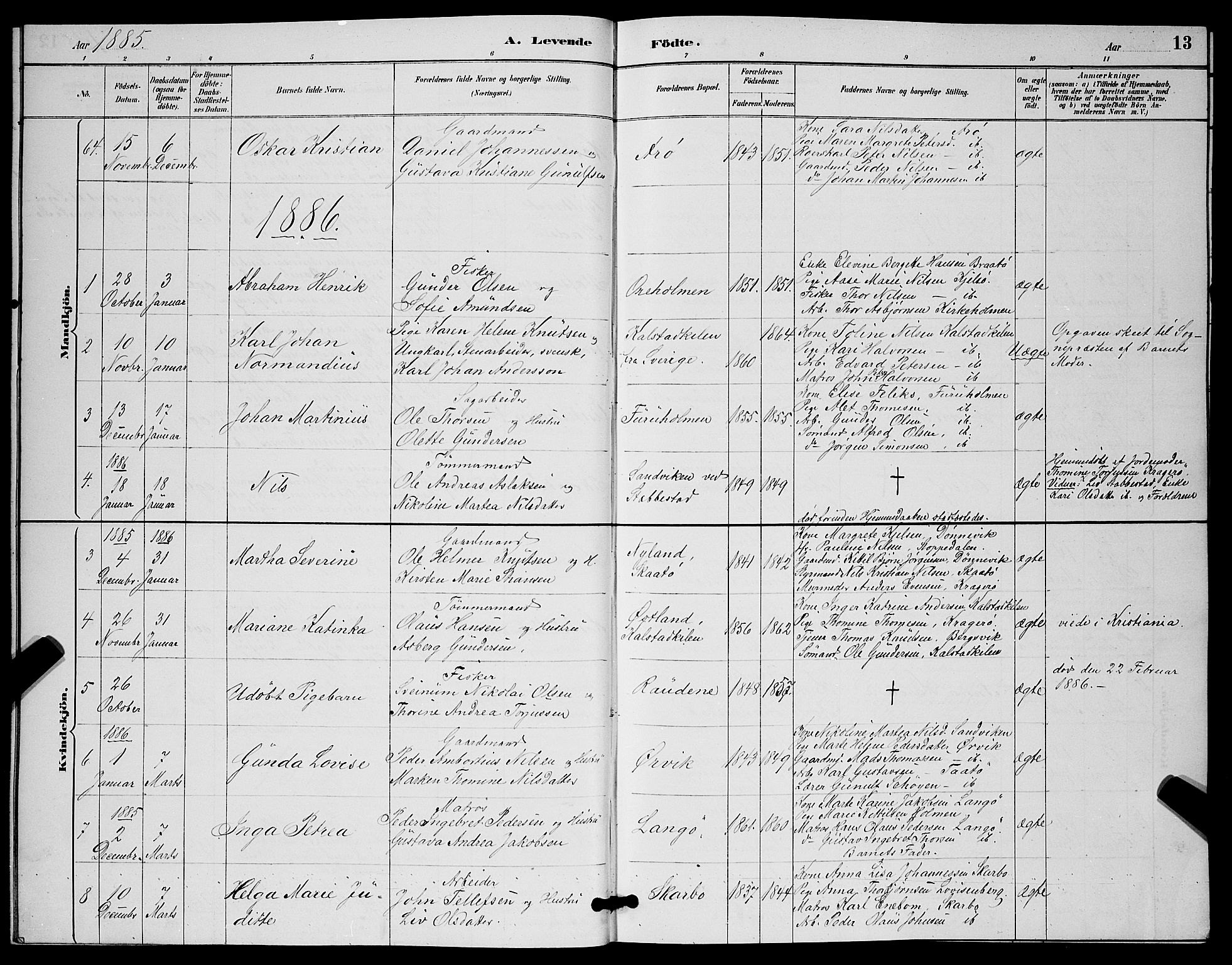 Skåtøy kirkebøker, SAKO/A-304/G/Ga/L0003: Parish register (copy) no. I 3, 1884-1898, p. 13