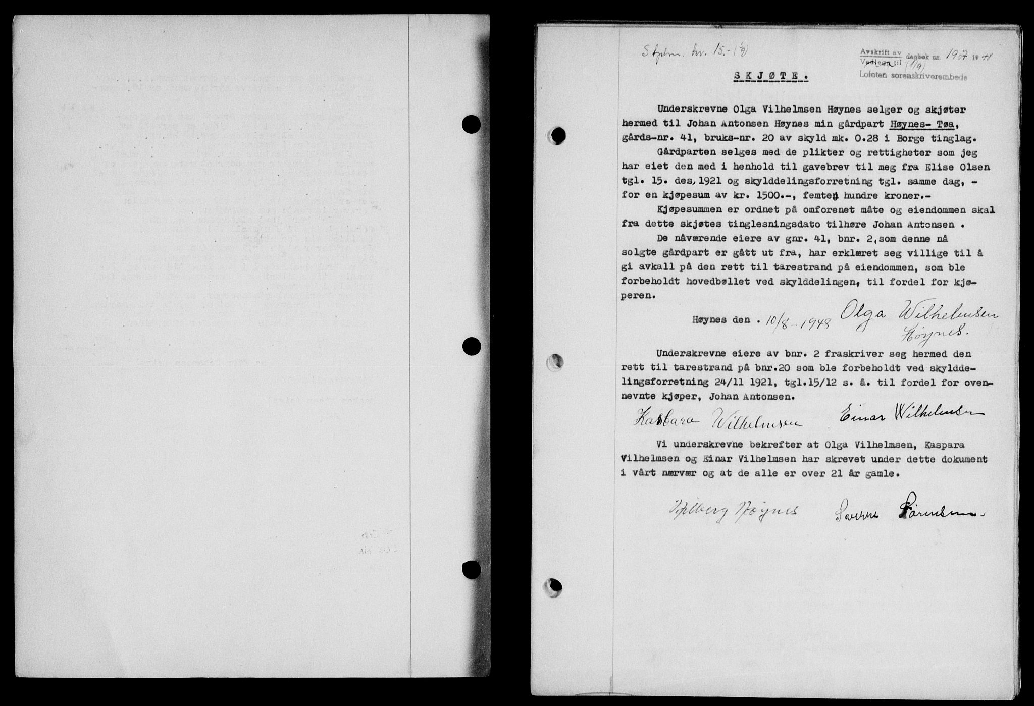 Lofoten sorenskriveri, SAT/A-0017/1/2/2C/L0019a: Mortgage book no. 19a, 1948-1948, Diary no: : 1907/1948