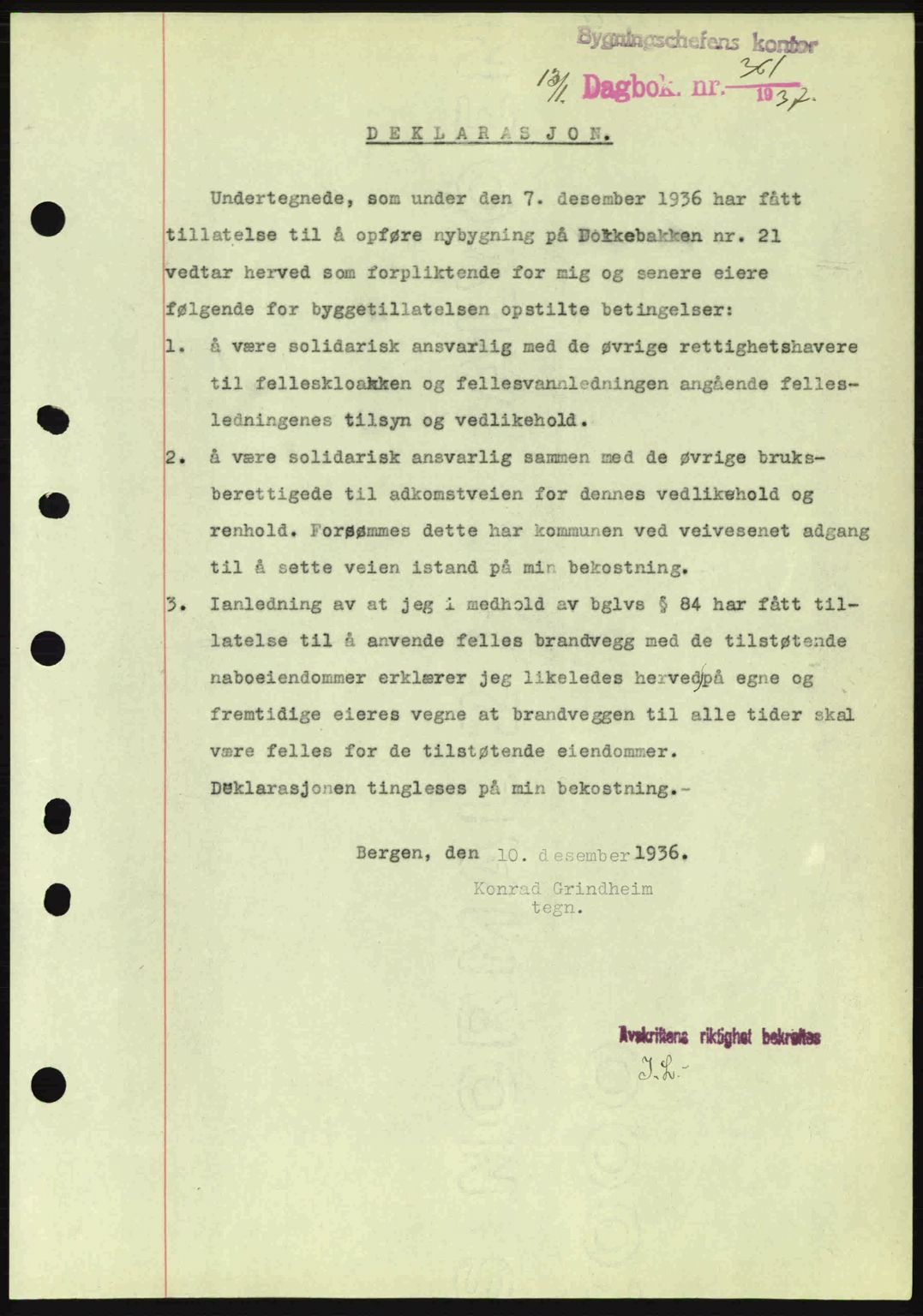 Byfogd og Byskriver i Bergen, SAB/A-3401/03/03Bc/L0004: Mortgage book no. A3-4, 1936-1937, Diary no: : 361/1937