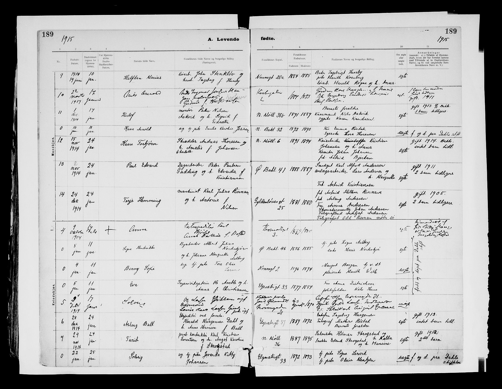Ministerialprotokoller, klokkerbøker og fødselsregistre - Sør-Trøndelag, SAT/A-1456/604/L0203: Parish register (official) no. 604A23, 1908-1916, p. 189