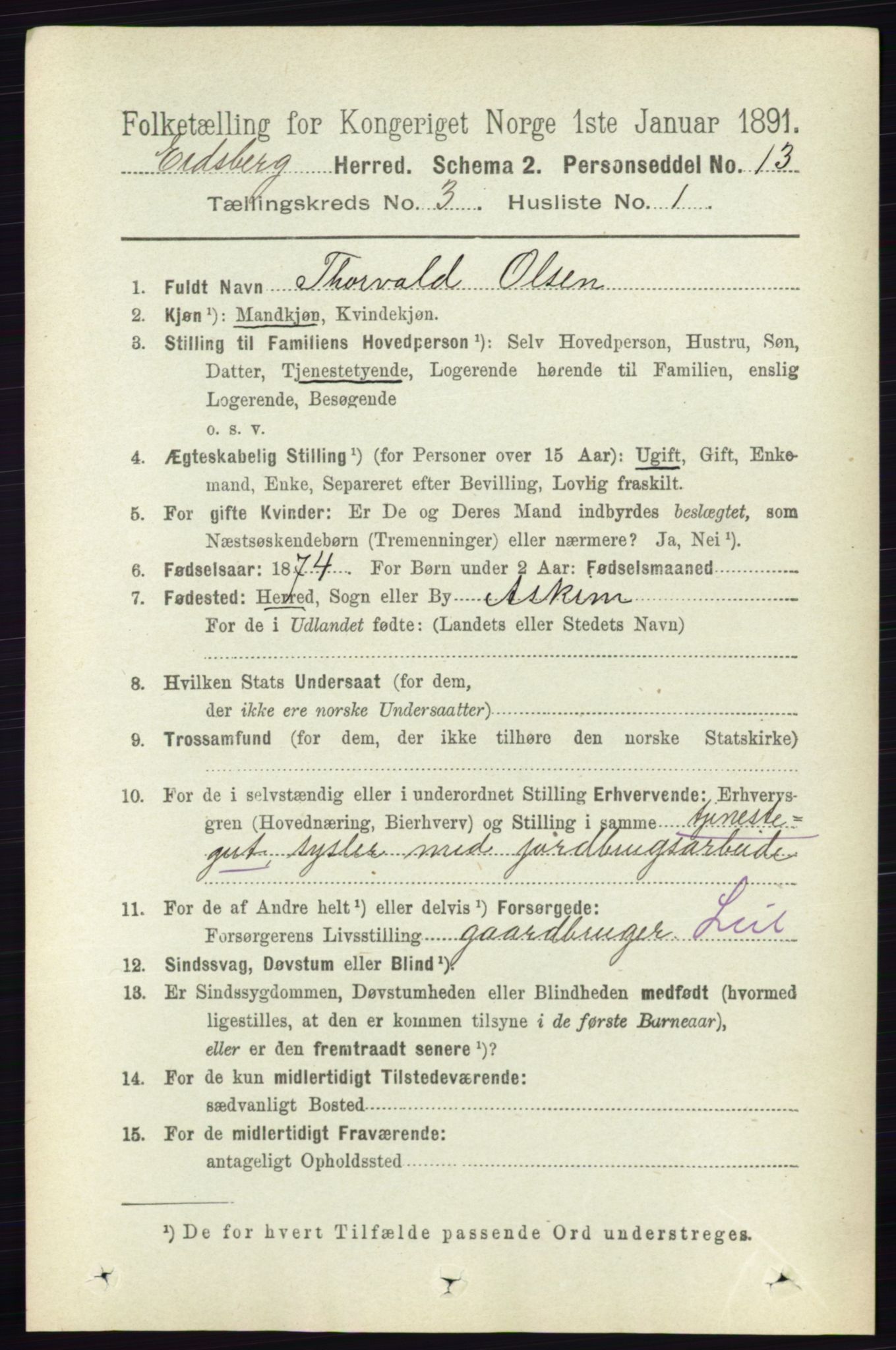 RA, 1891 census for 0125 Eidsberg, 1891, p. 1467