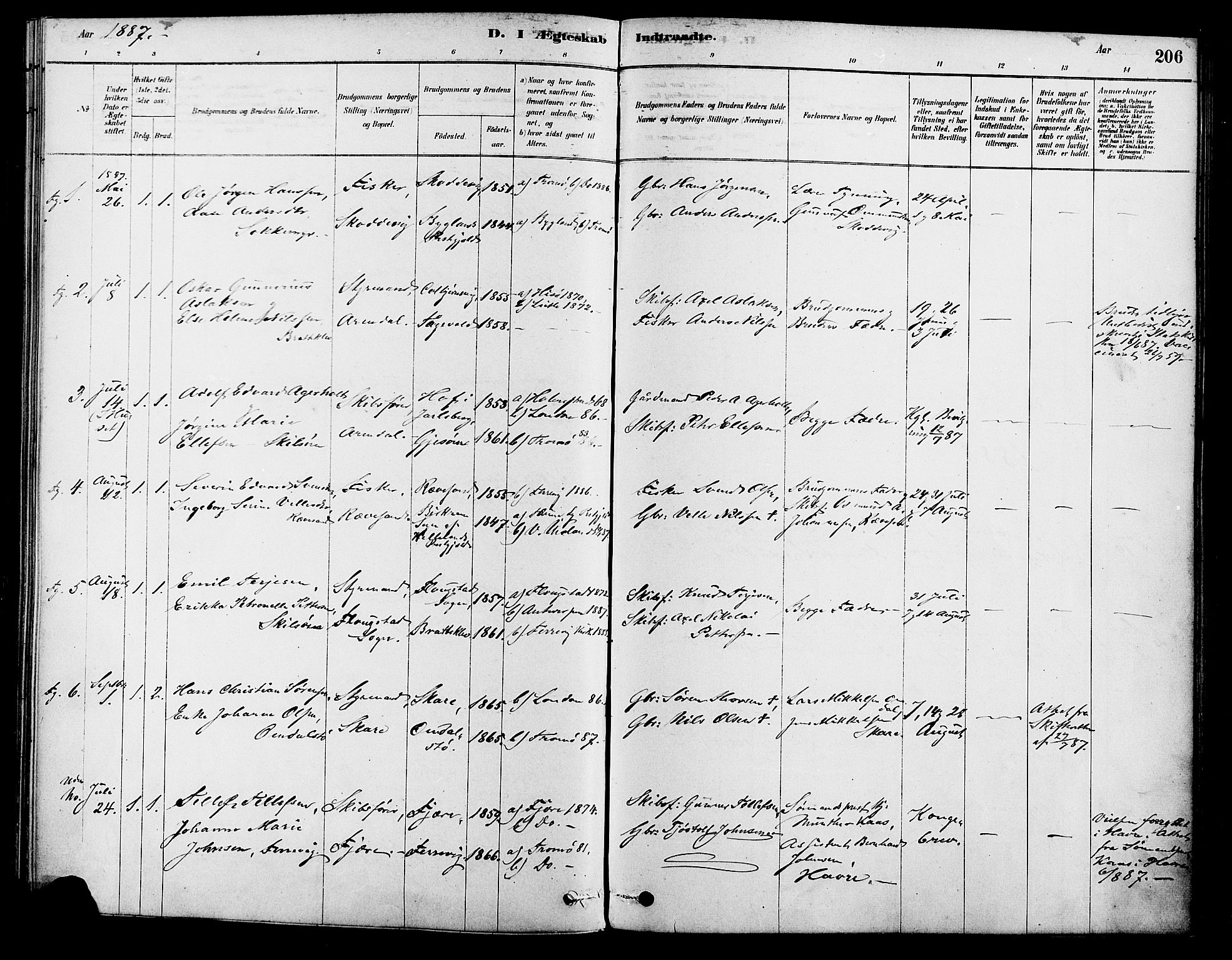 Tromøy sokneprestkontor, AV/SAK-1111-0041/F/Fa/L0009: Parish register (official) no. A 9, 1878-1896, p. 206