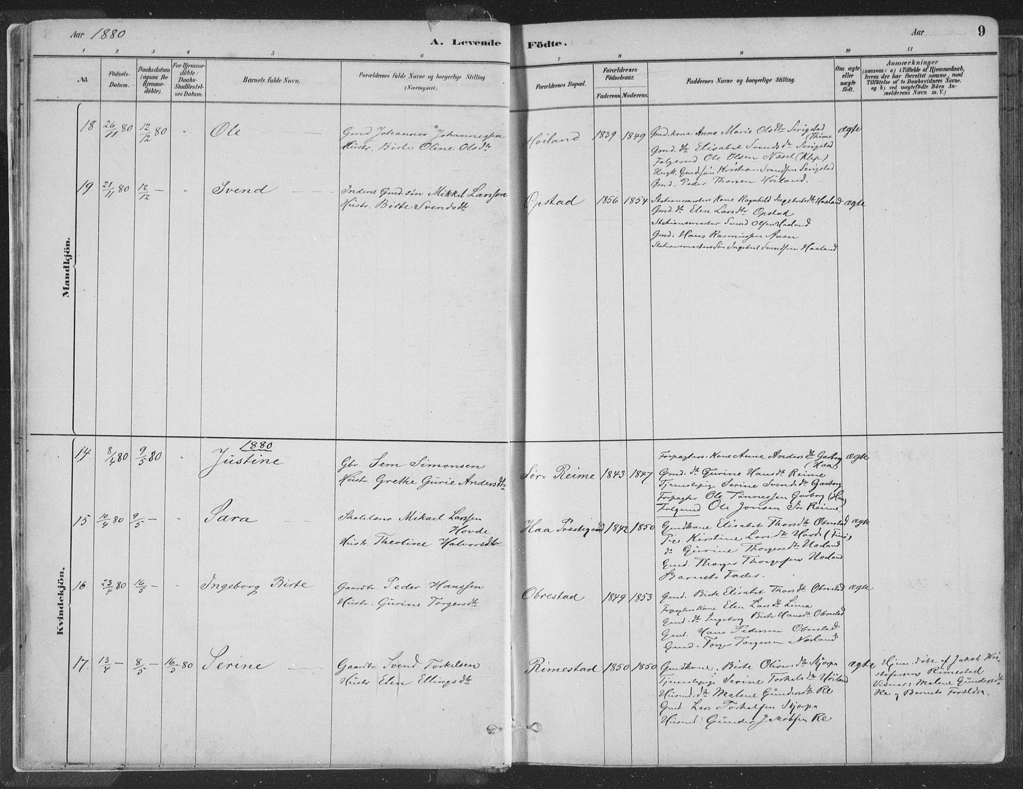 Hå sokneprestkontor, AV/SAST-A-101801/001/30BA/L0010: Parish register (official) no. A 9, 1879-1896, p. 9