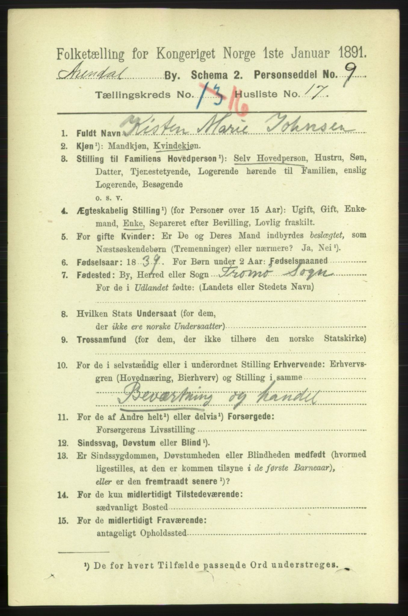 RA, 1891 census for 0903 Arendal, 1891, p. 5578