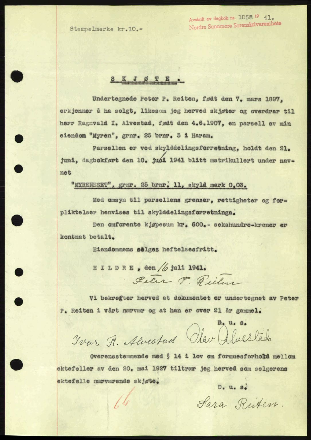 Nordre Sunnmøre sorenskriveri, SAT/A-0006/1/2/2C/2Ca: Mortgage book no. A11, 1941-1941, Diary no: : 1058/1941