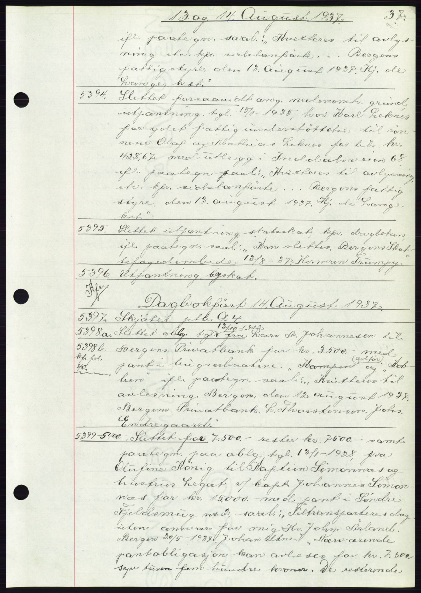 Byfogd og Byskriver i Bergen, AV/SAB-A-3401/03: Mortgage book no. C 5, 1937-1937, Diary no: : 5394/1937