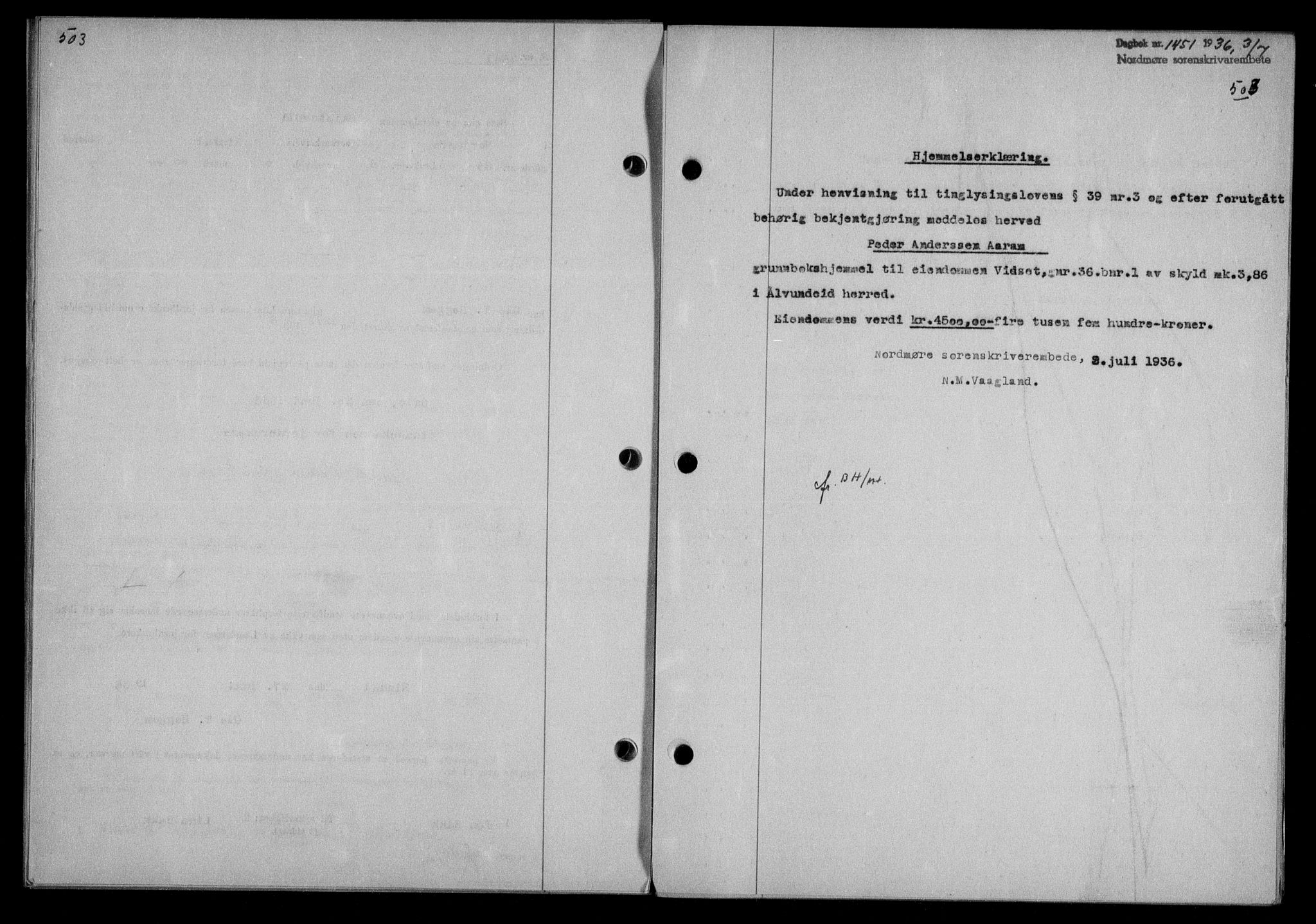 Nordmøre sorenskriveri, AV/SAT-A-4132/1/2/2Ca/L0088: Mortgage book no. 78, 1936-1936, Diary no: : 1451/1936