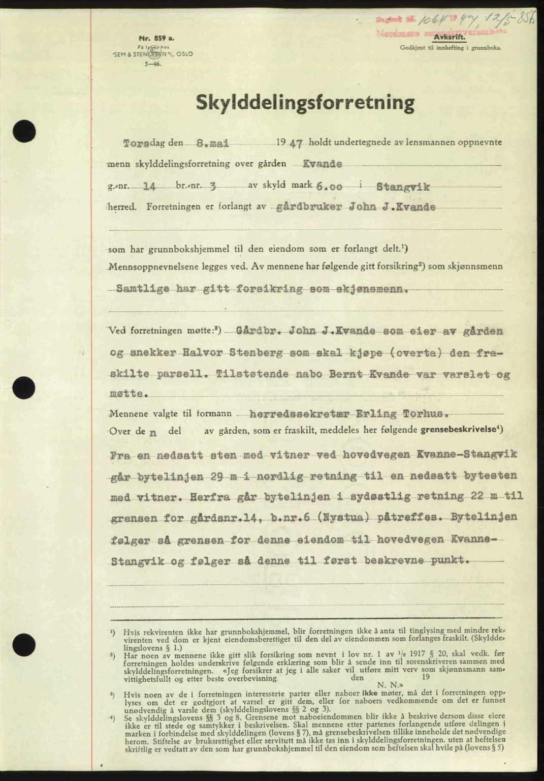 Nordmøre sorenskriveri, AV/SAT-A-4132/1/2/2Ca: Mortgage book no. A104, 1947-1947, Diary no: : 1064/1947