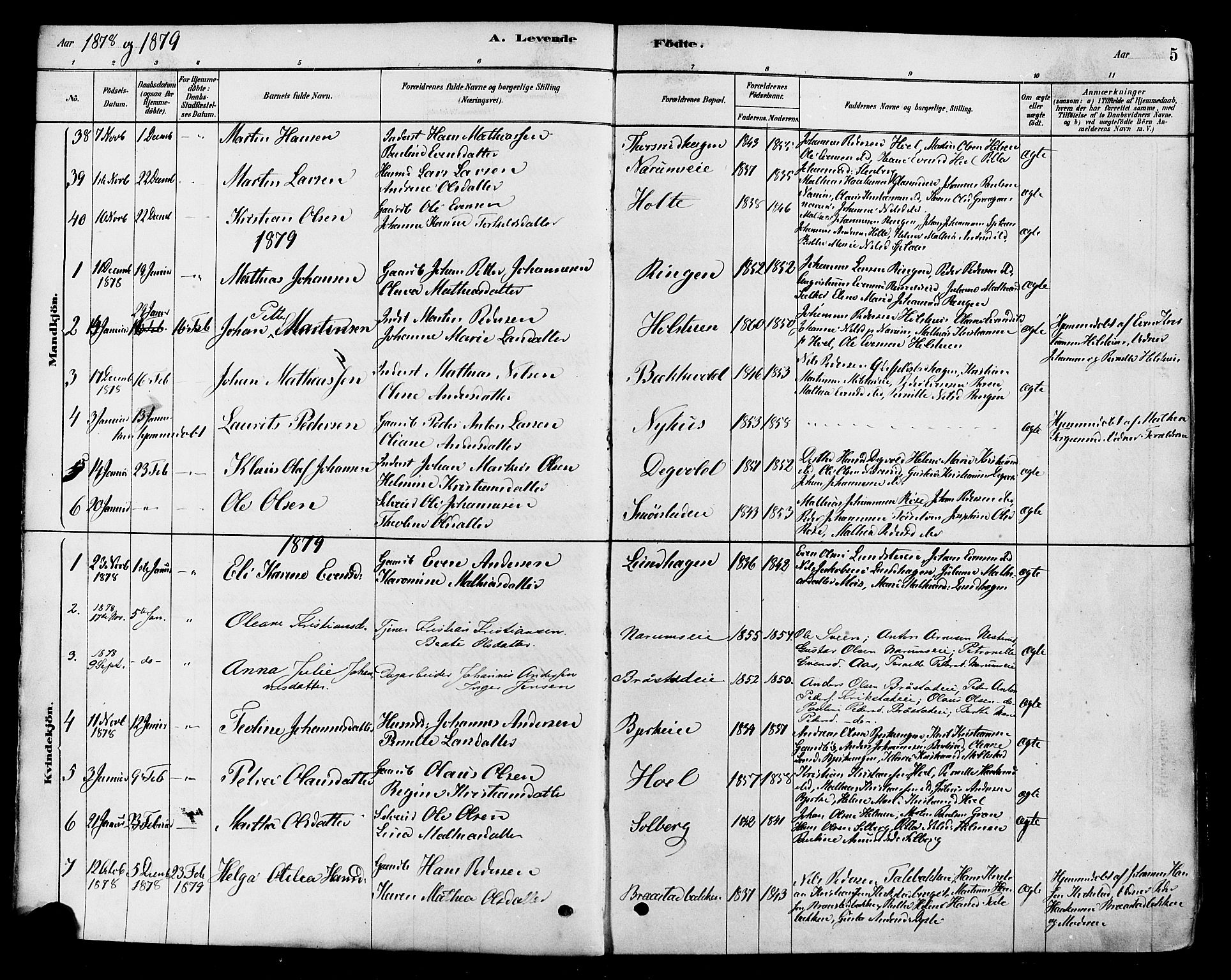 Vestre Toten prestekontor, SAH/PREST-108/H/Ha/Haa/L0010: Parish register (official) no. 10, 1878-1894, p. 5