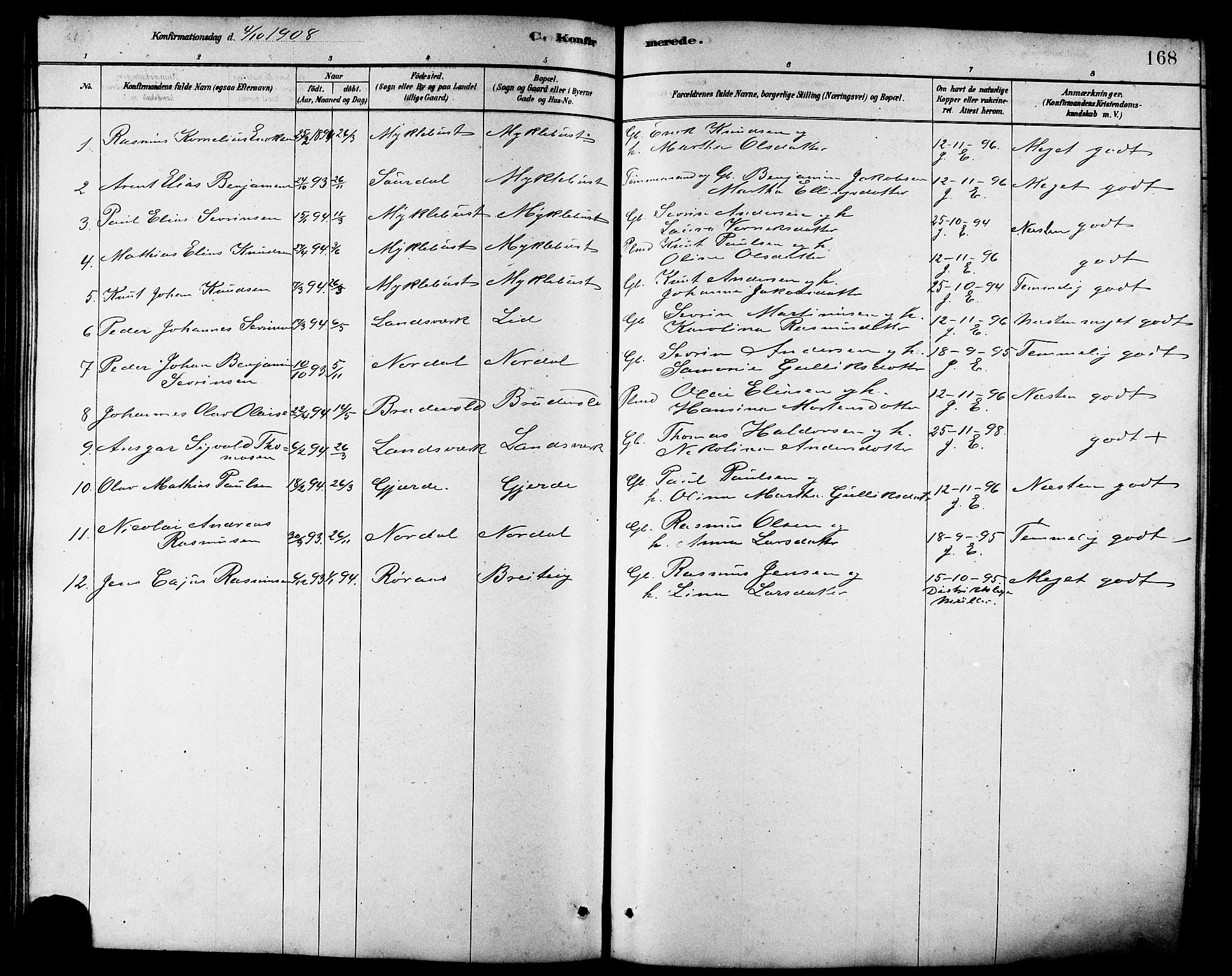 Ministerialprotokoller, klokkerbøker og fødselsregistre - Møre og Romsdal, AV/SAT-A-1454/502/L0027: Parish register (copy) no. 502C01, 1878-1908, p. 168