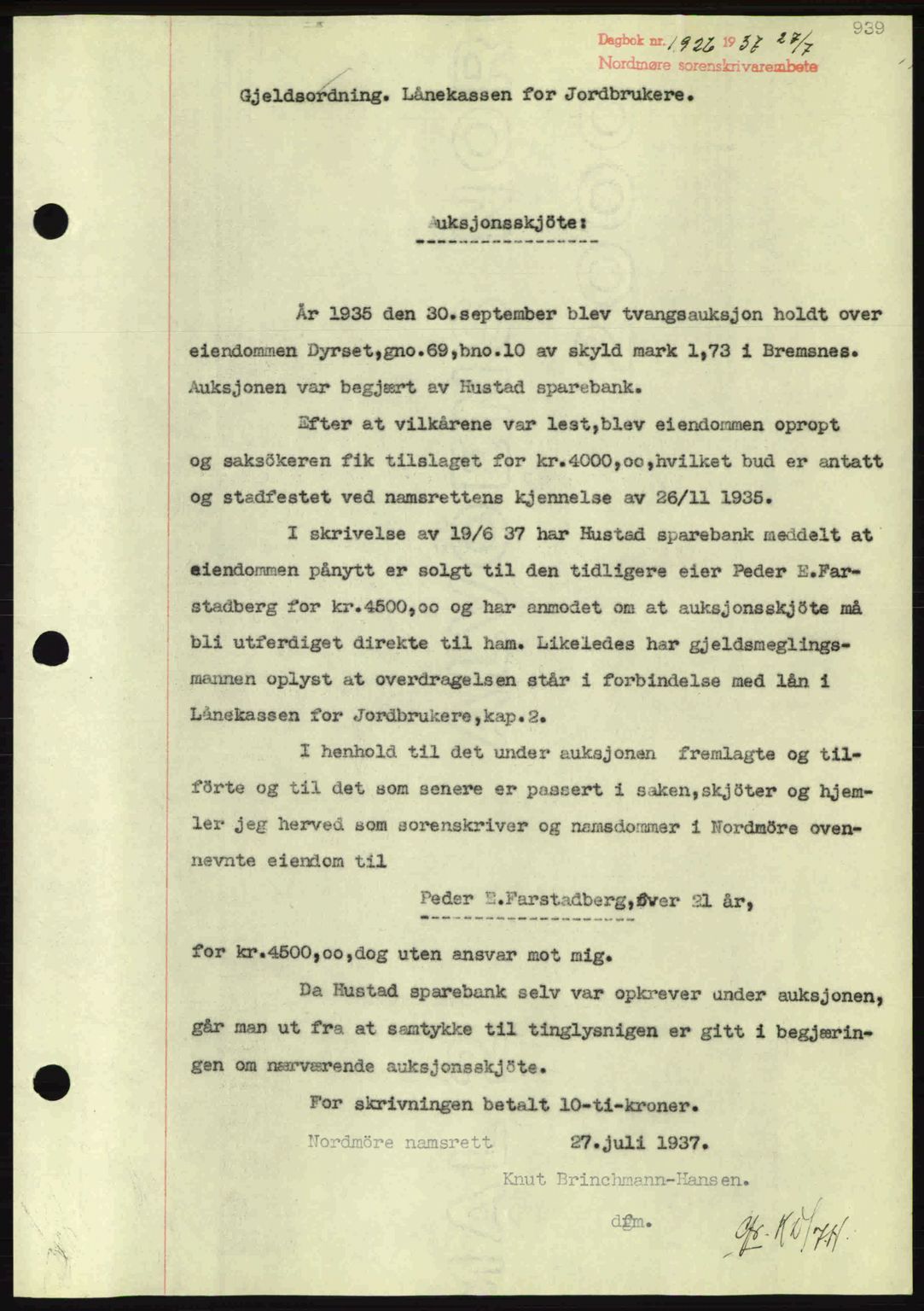 Nordmøre sorenskriveri, AV/SAT-A-4132/1/2/2Ca: Mortgage book no. A81, 1937-1937, Diary no: : 1926/1937