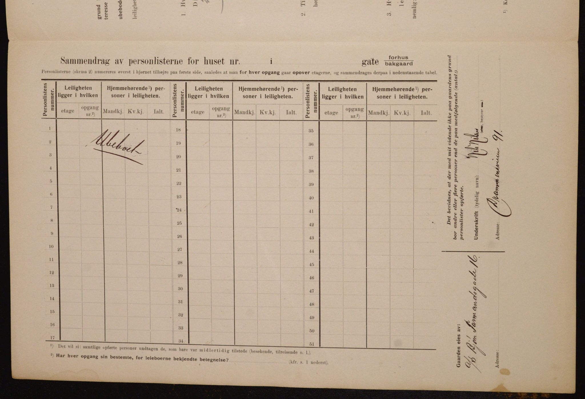 OBA, Municipal Census 1910 for Kristiania, 1910, p. 6497