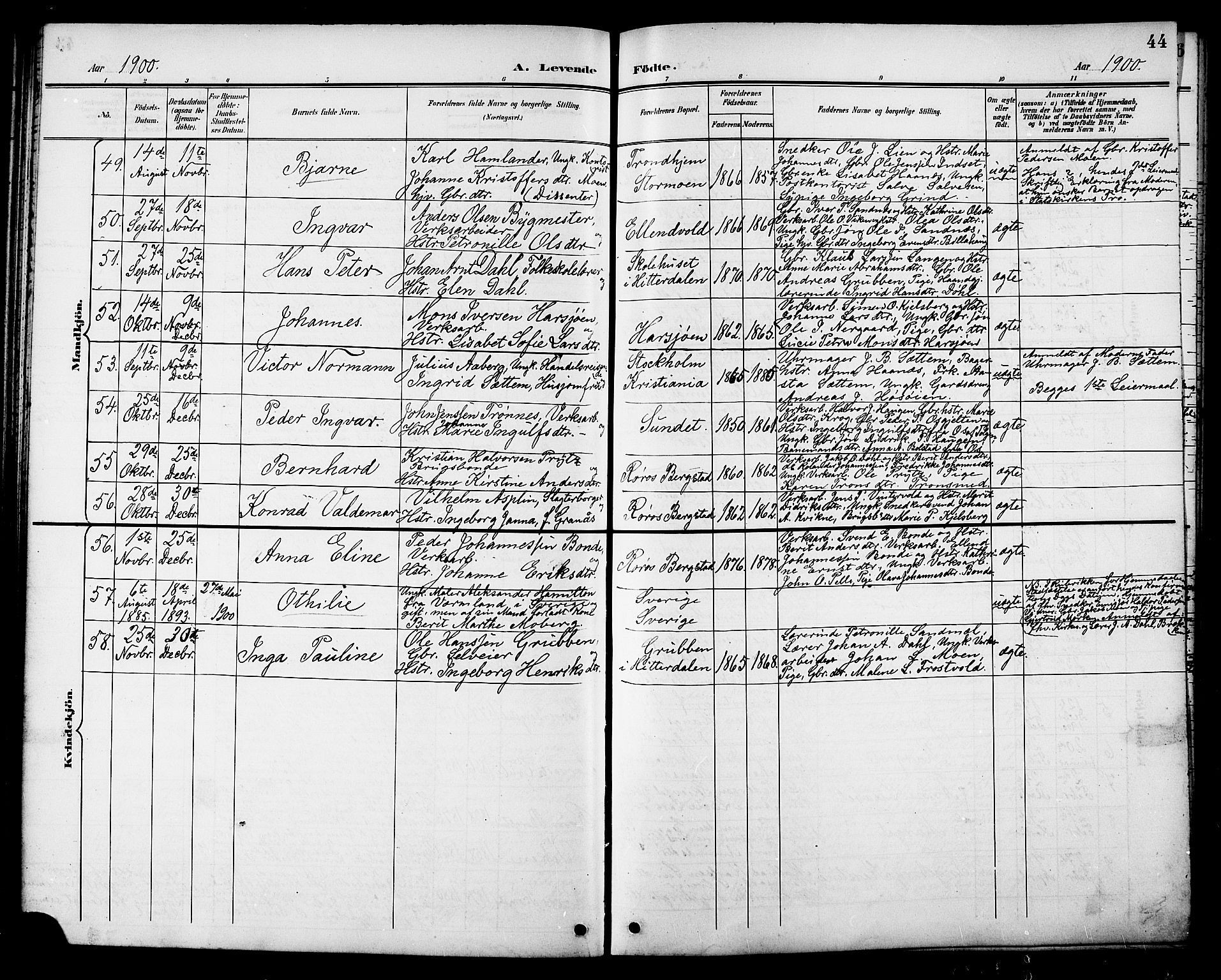 Ministerialprotokoller, klokkerbøker og fødselsregistre - Sør-Trøndelag, SAT/A-1456/681/L0941: Parish register (copy) no. 681C05, 1896-1905, p. 44