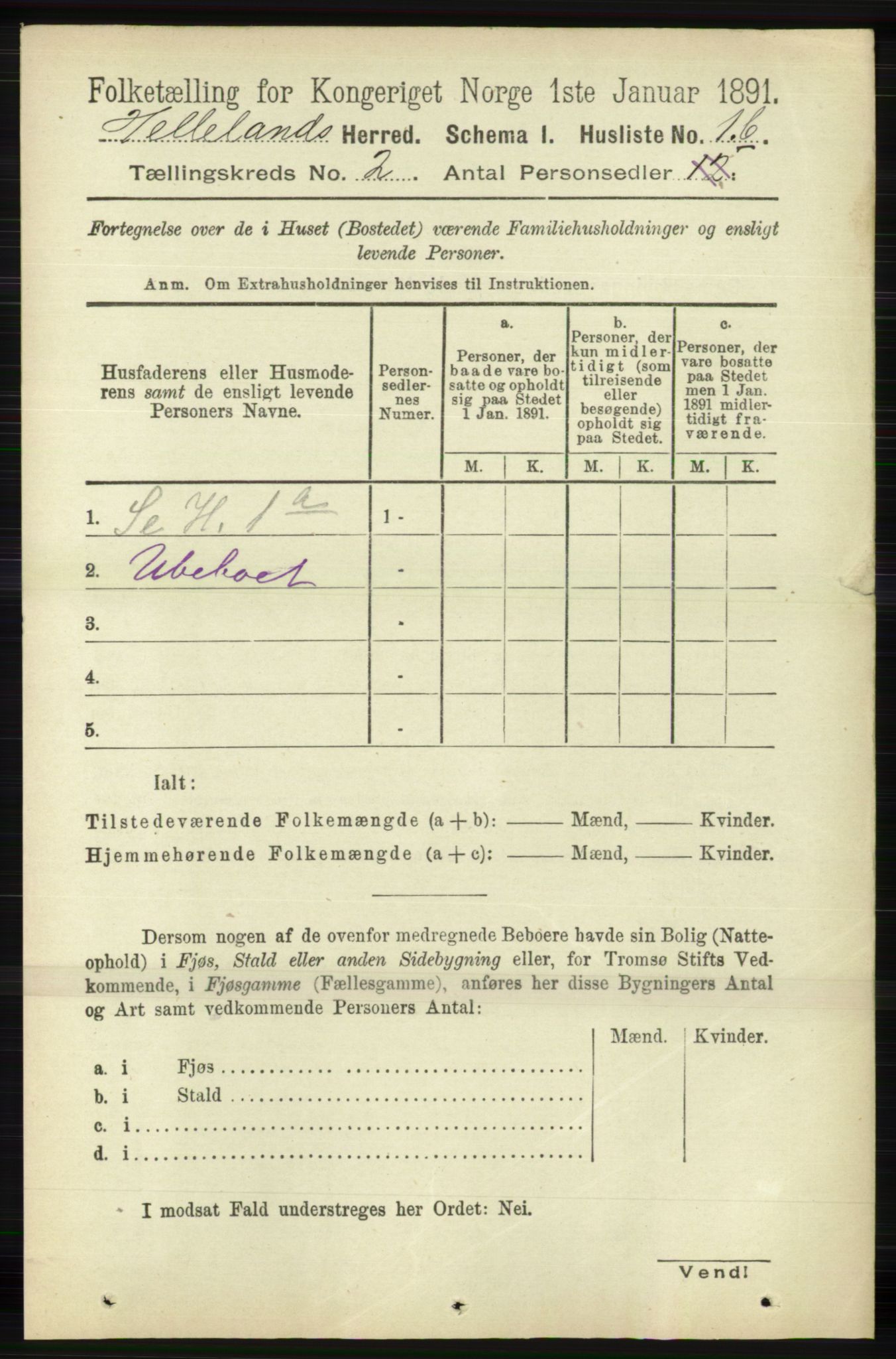 RA, 1891 census for 1115 Helleland, 1891, p. 372