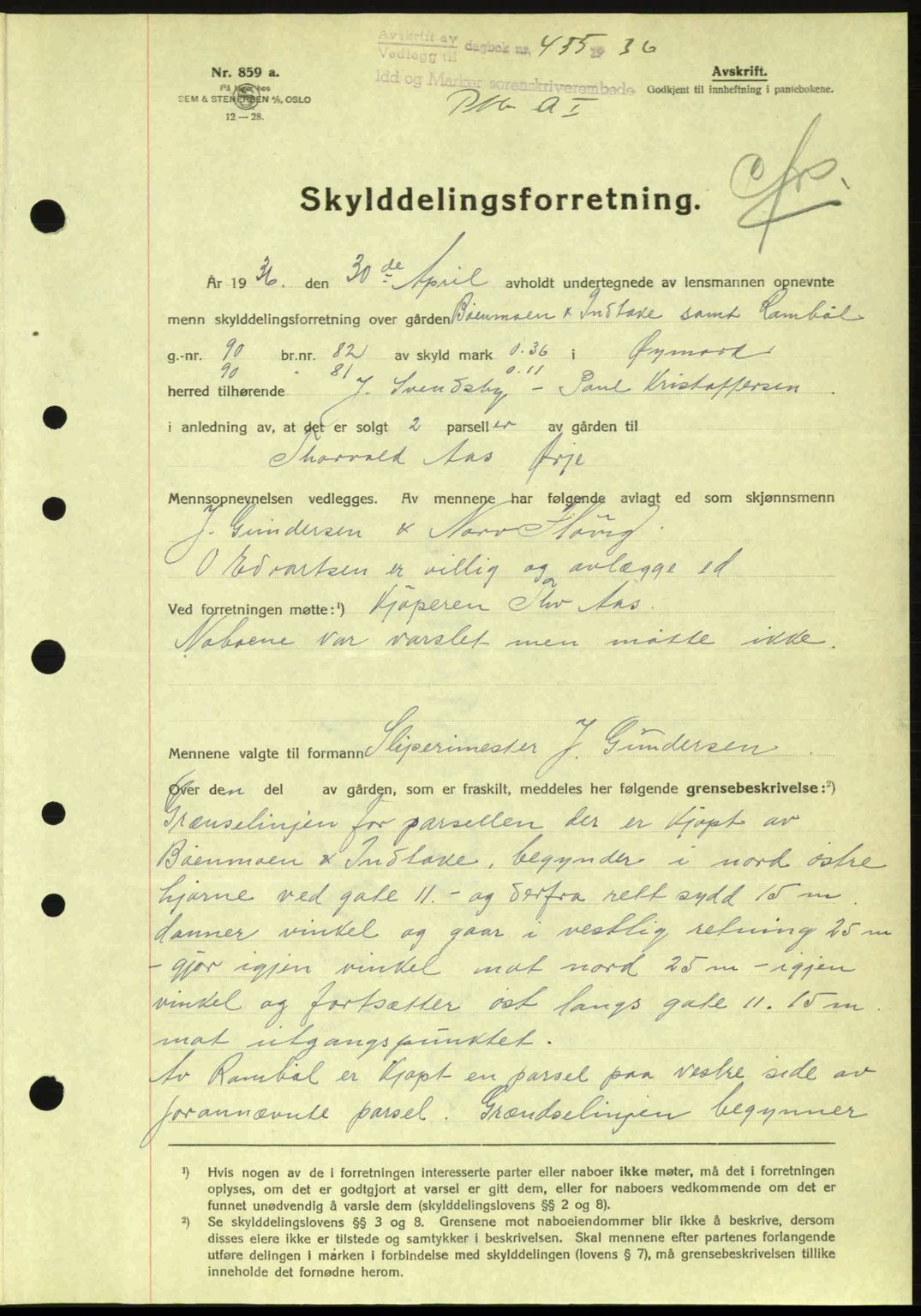 Idd og Marker sorenskriveri, AV/SAO-A-10283/G/Gb/Gbb/L0001: Mortgage book no. A1, 1936-1937, Diary no: : 455/1936